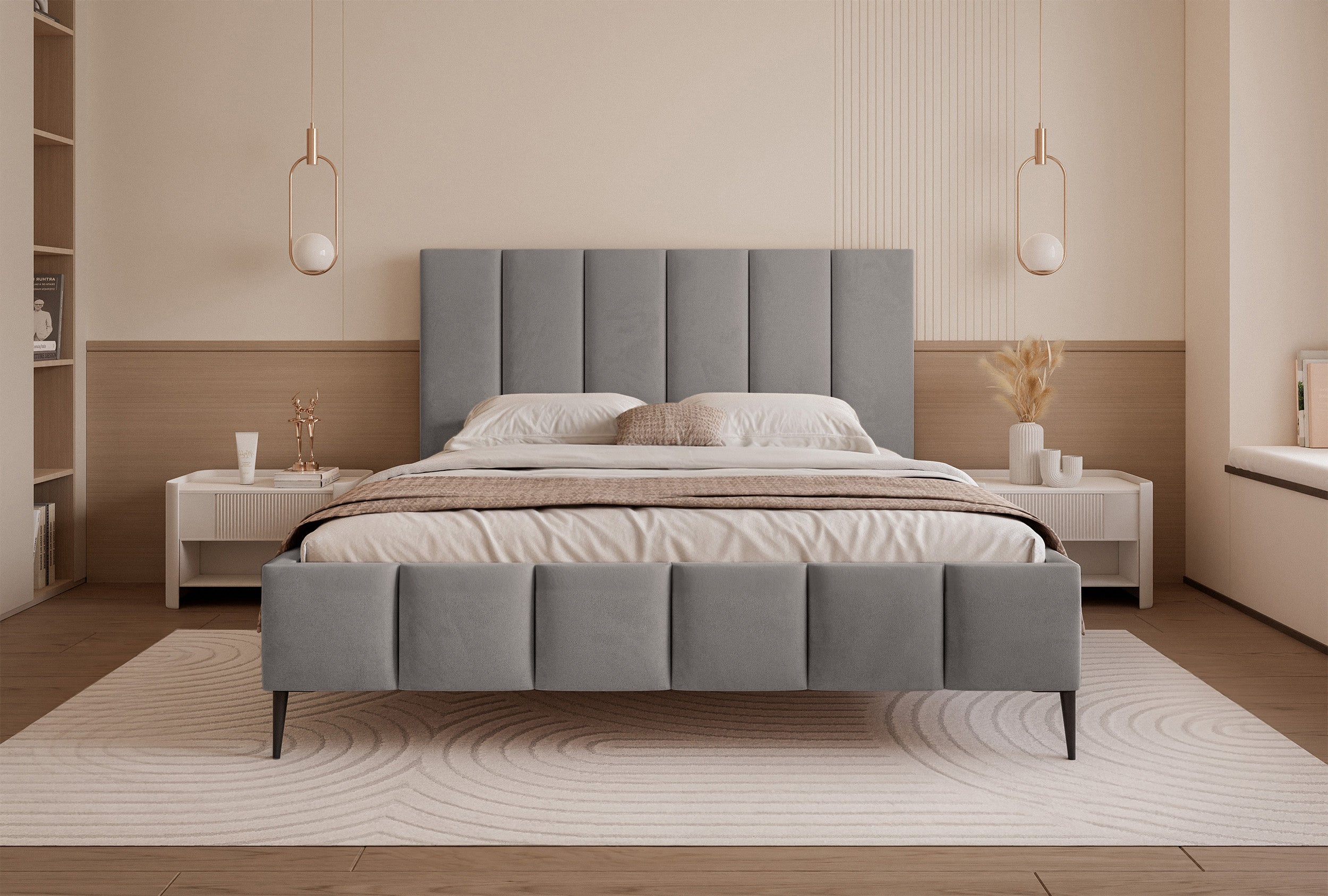 Gepolstertes Bett 140x200 cm Sarafino mit Bettkasten, hellgrauer Samt, Metallrahmen auf hohen Beinen