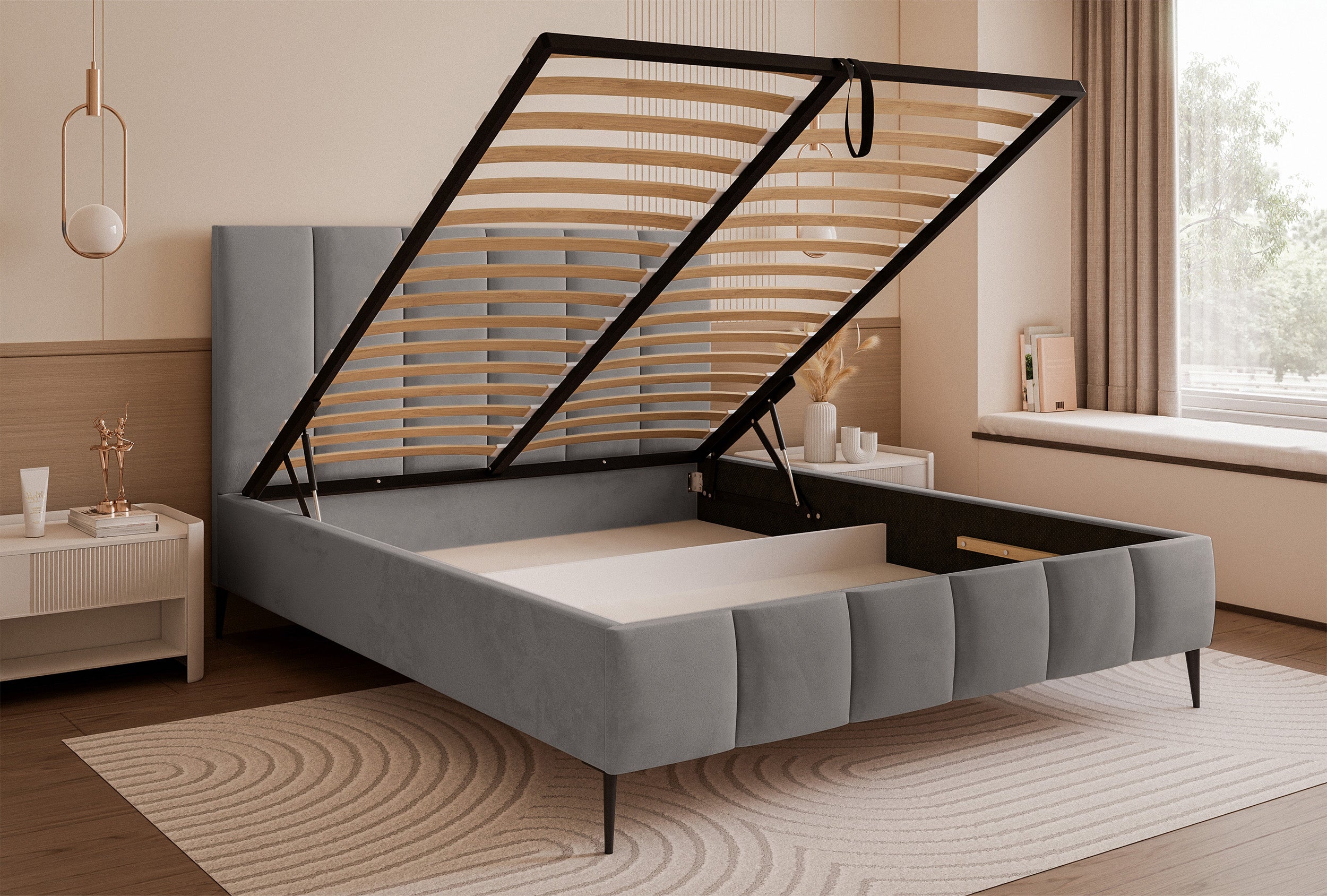 Gepolstertes Bett 140x200 cm Sarafino mit Bettkasten, hellgrauer Samt, Metallrahmen auf hohen Beinen