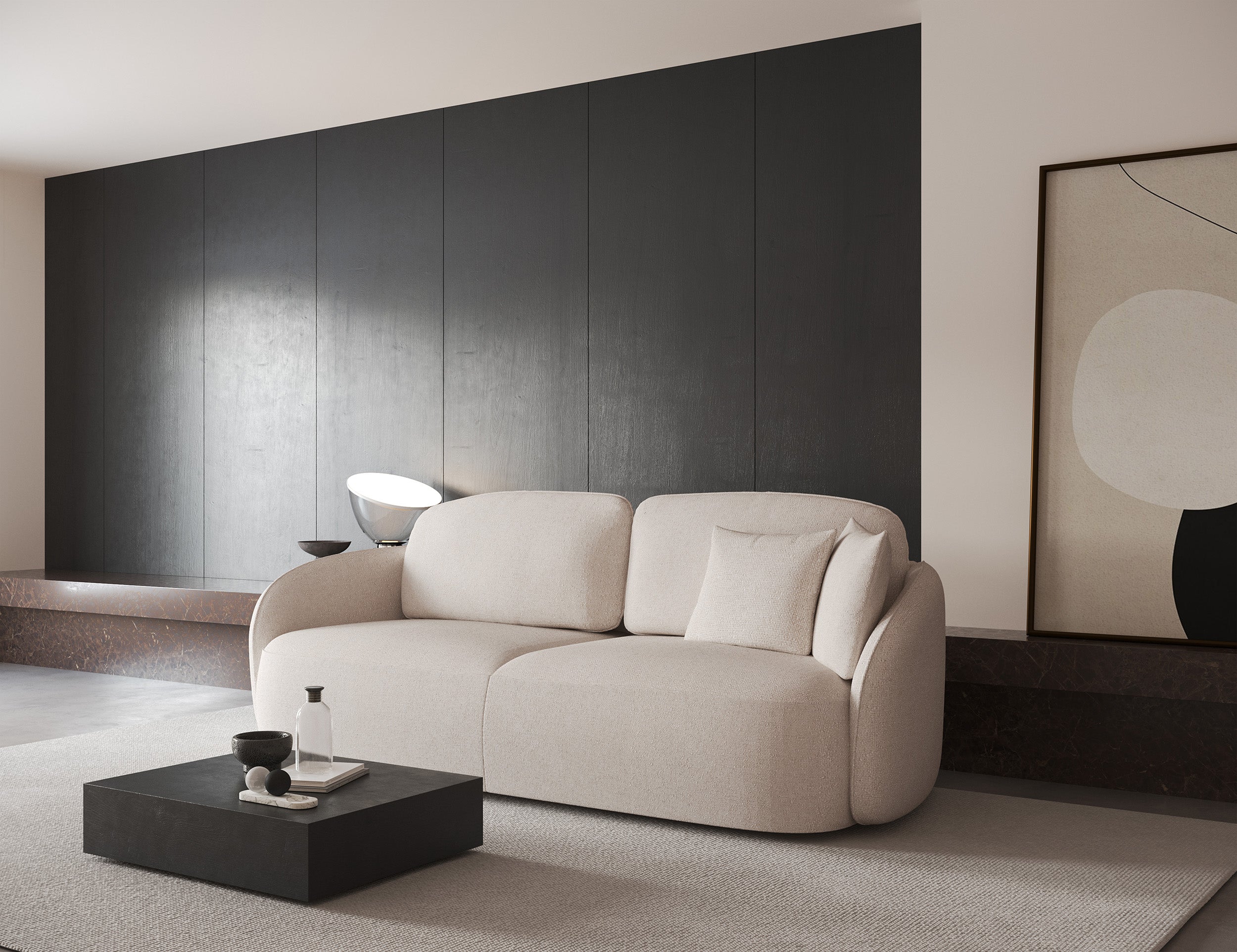 Dreisitziges ausklappbares Sofa Savoy mit Stauraum, cremefarbener hydrophober Chenillestoff