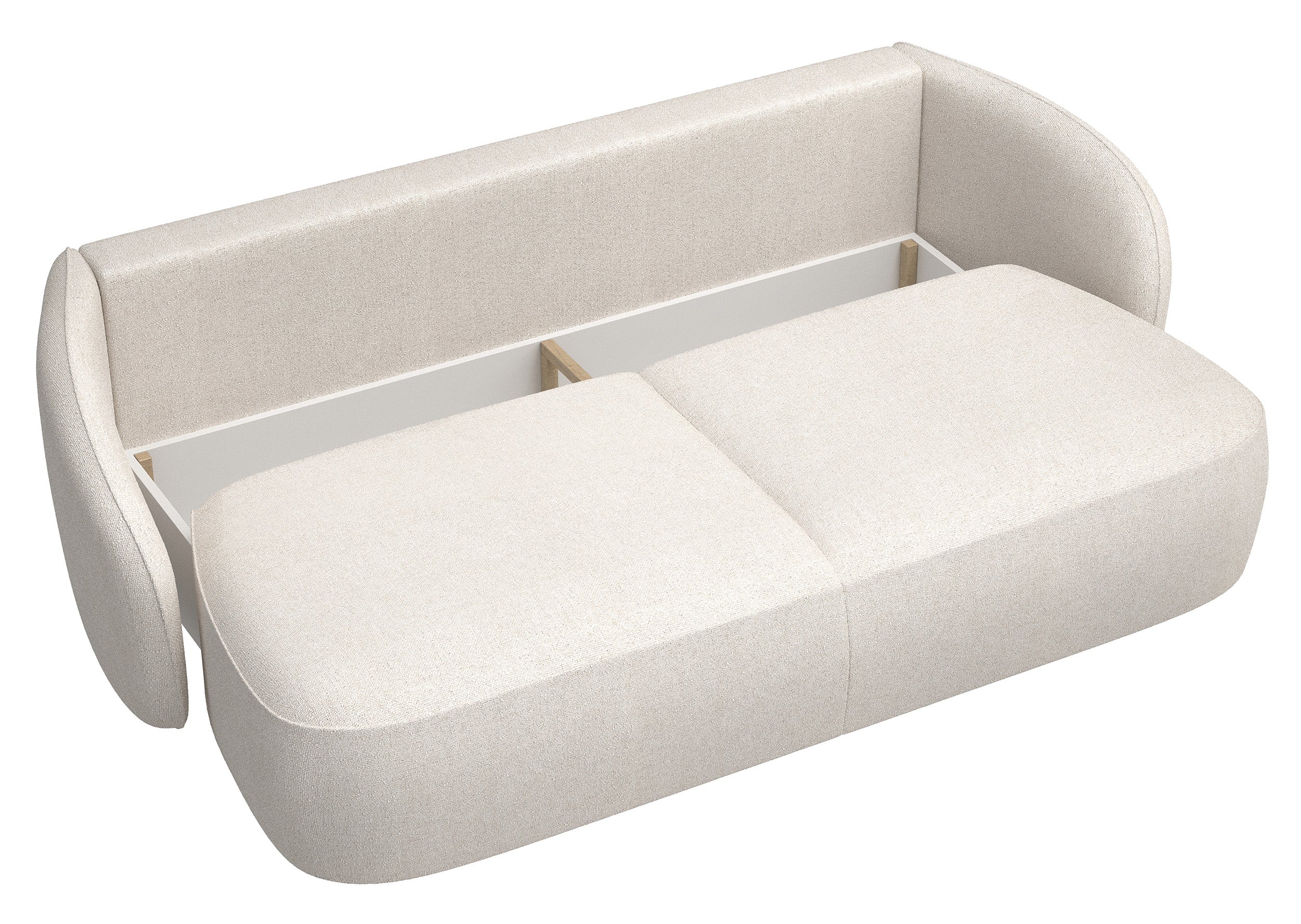 Dreisitziges ausklappbares Sofa Savoy mit Stauraum, cremefarbener hydrophober Chenillestoff