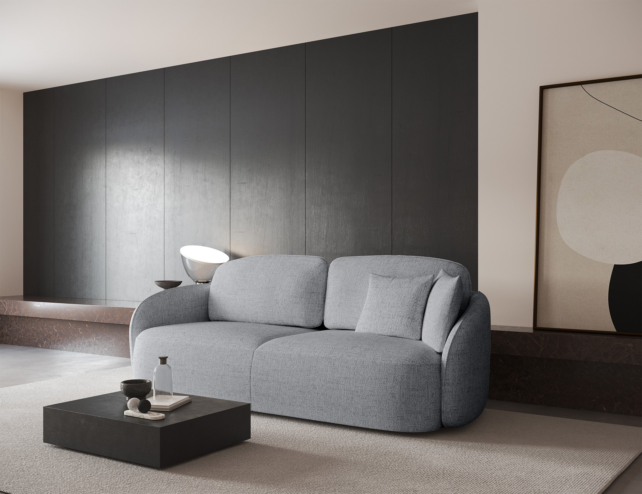 Dreisitziges Schlafsofa Savoy mit Stauraum, hellgraues Geflecht