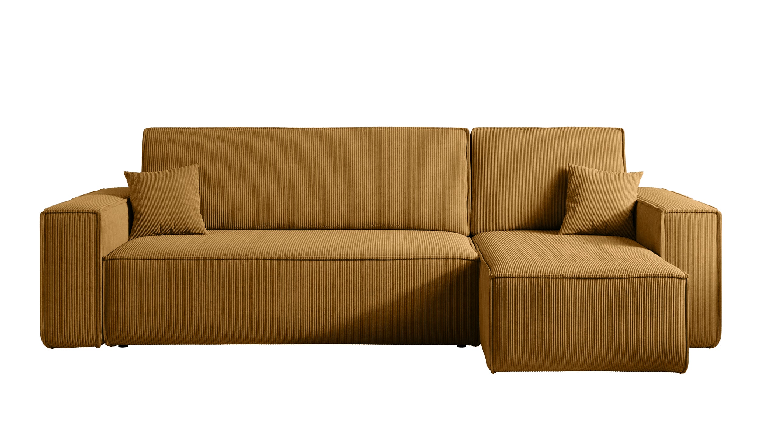 Ecksofa mit Schlafunktion Scarlo, L-förmig, mit Stauraum, universell, senfgelber Cordstoff
