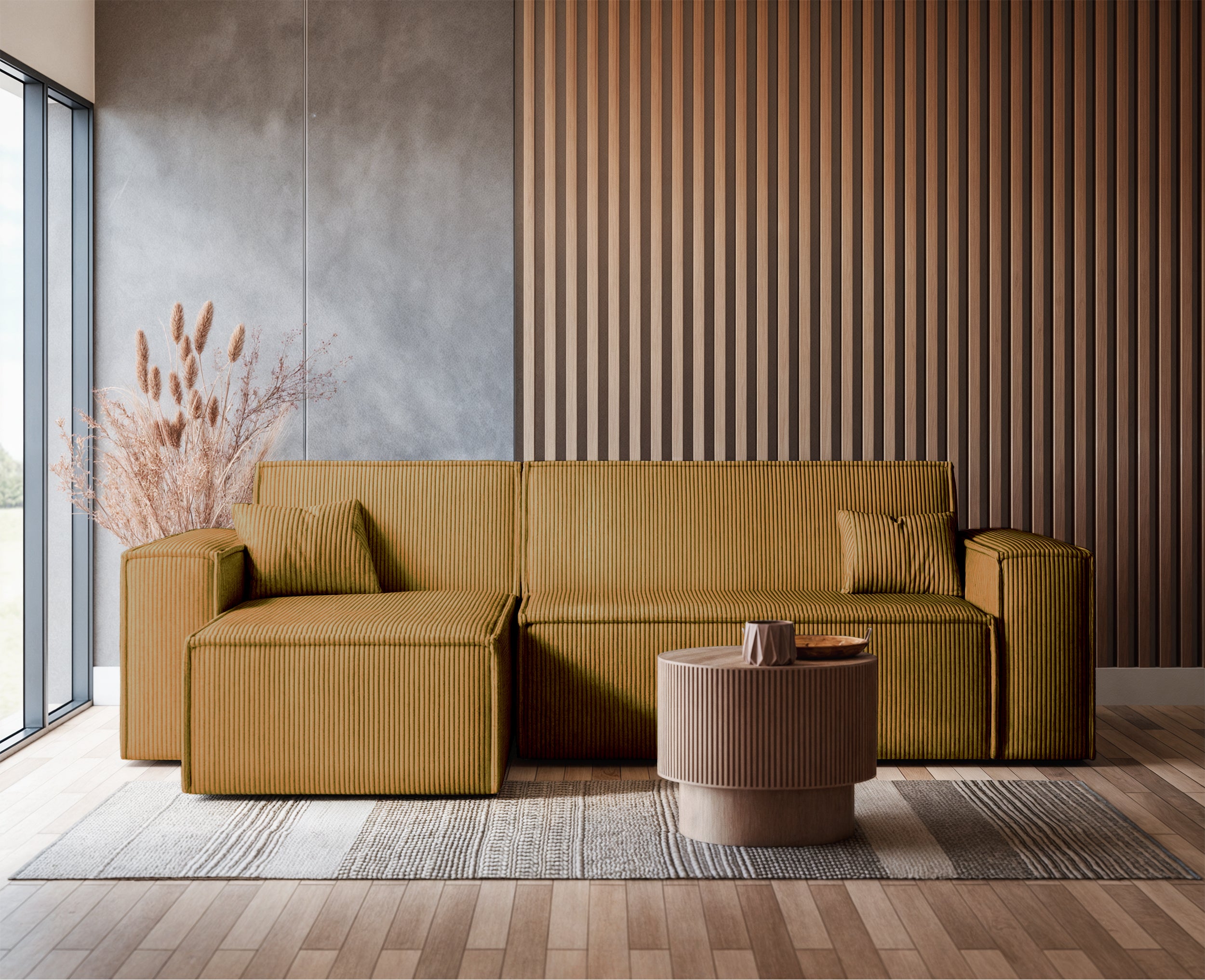 Ecksofa mit Schlafunktion Scarlo, L-förmig, mit Stauraum, universell, senfgelber Cordstoff