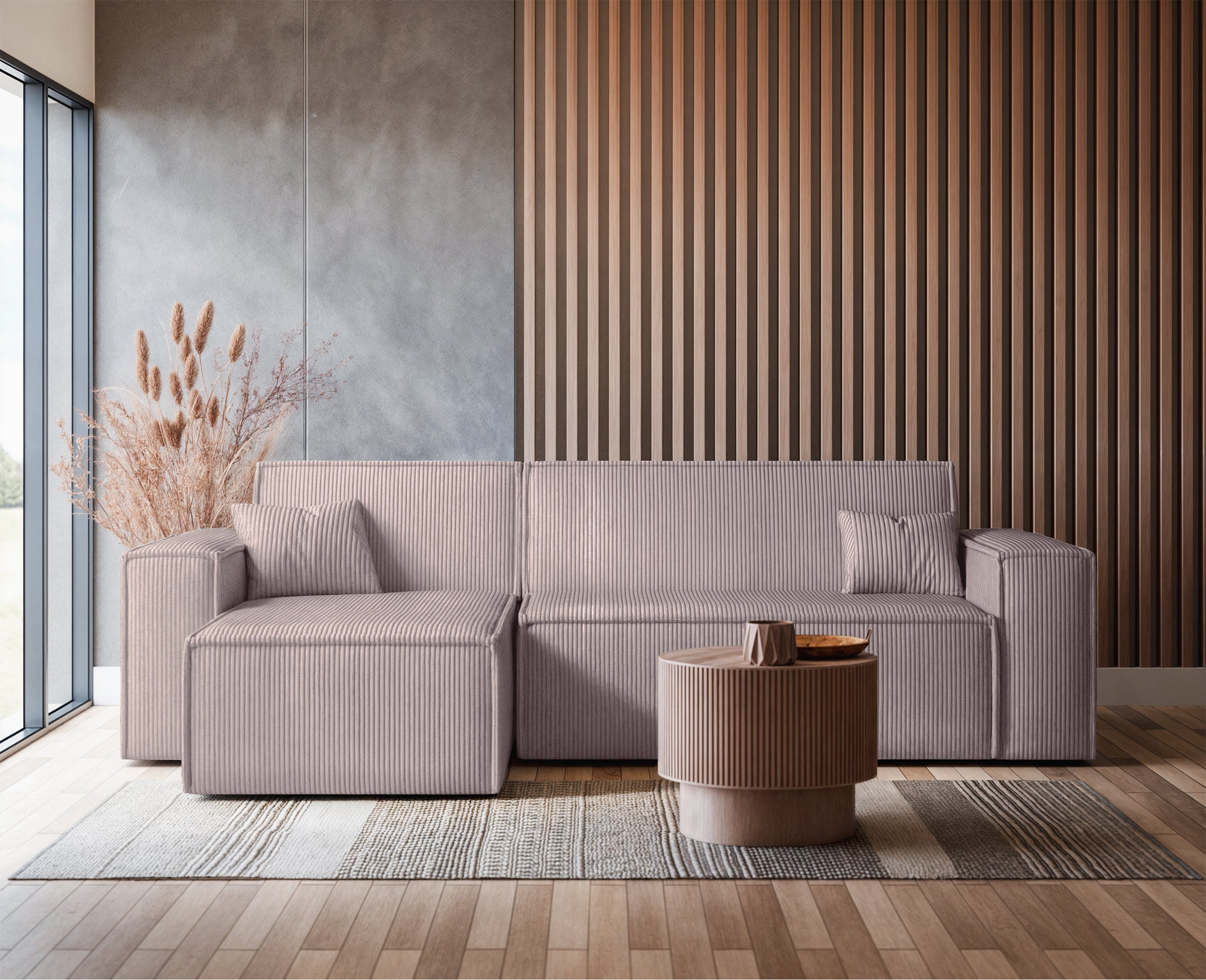 Ecksofa mit Schlaffunktion Scarlo, L-förmig, mit Stauraum, universell, beige Cordstoff
