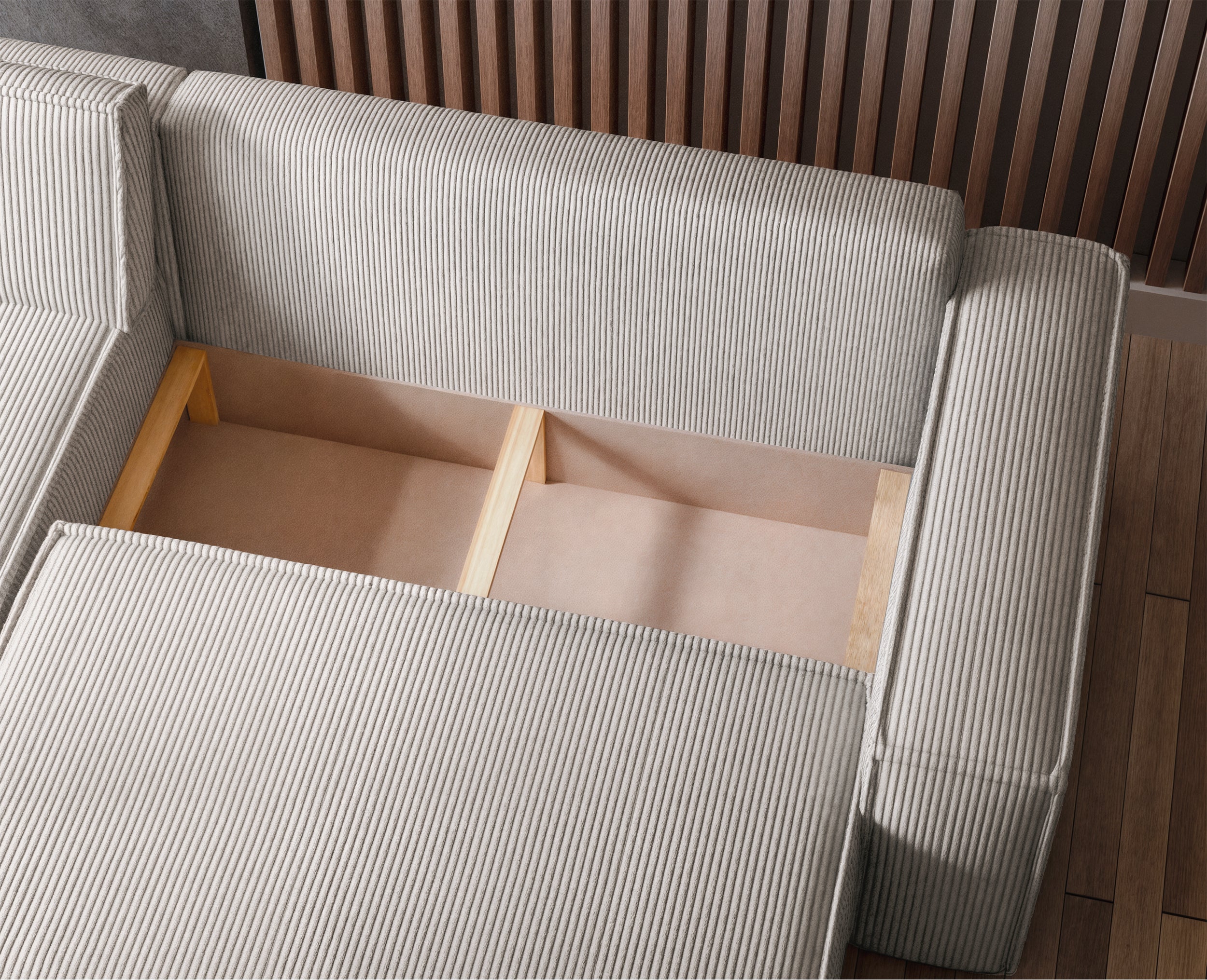 Ecksofa mit Schlafunktion Scarlo, L-förmig, mit Stauraum, universell, hellbeige Cordstoff