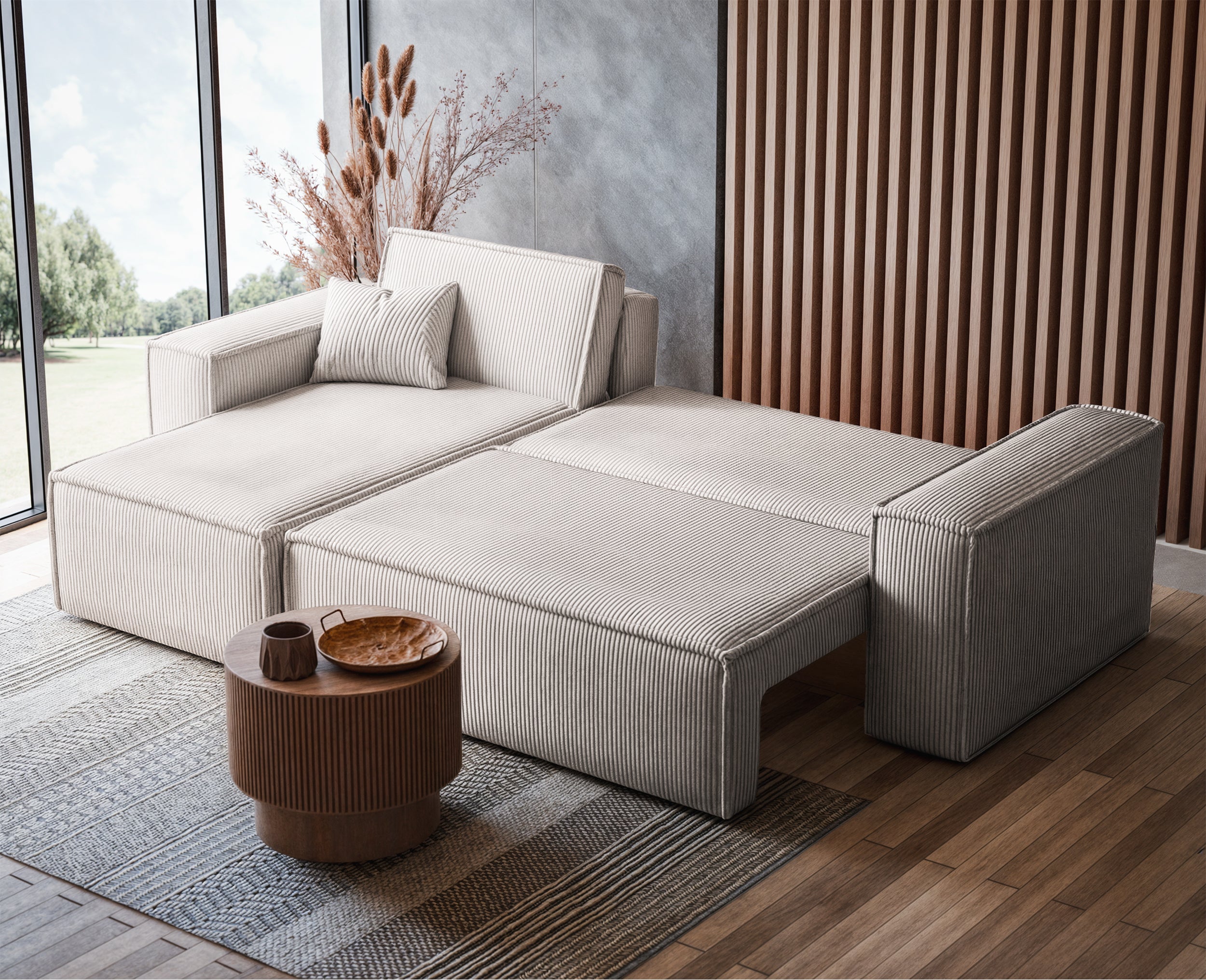 Ecksofa mit Schlafunktion Scarlo, L-förmig, mit Stauraum, universell, hellbeige Cordstoff