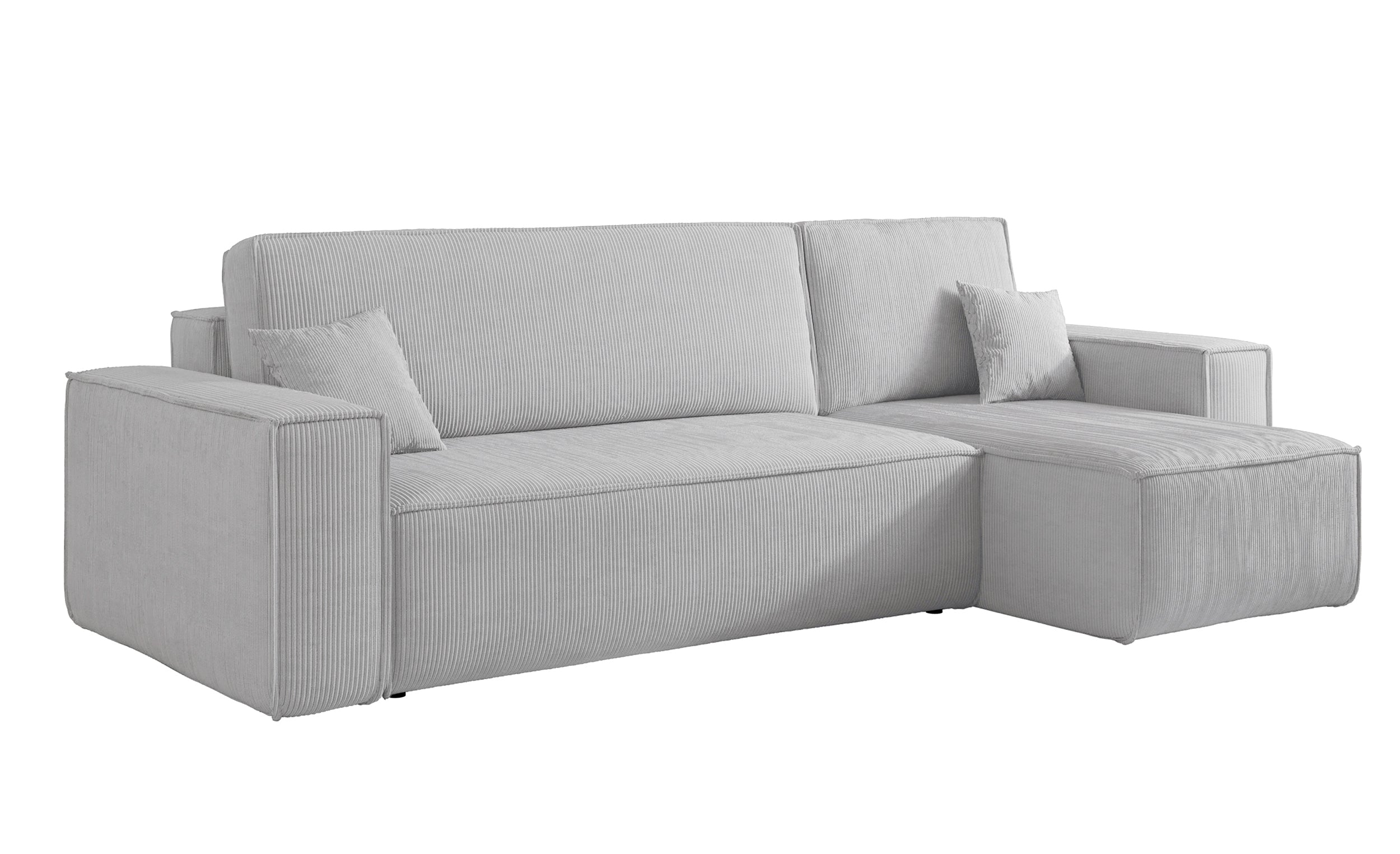Ecksofa mit Schlaffunktion Scarlo, L-förmig, mit Stauraum, universell, hellgrauer Cordstoff
