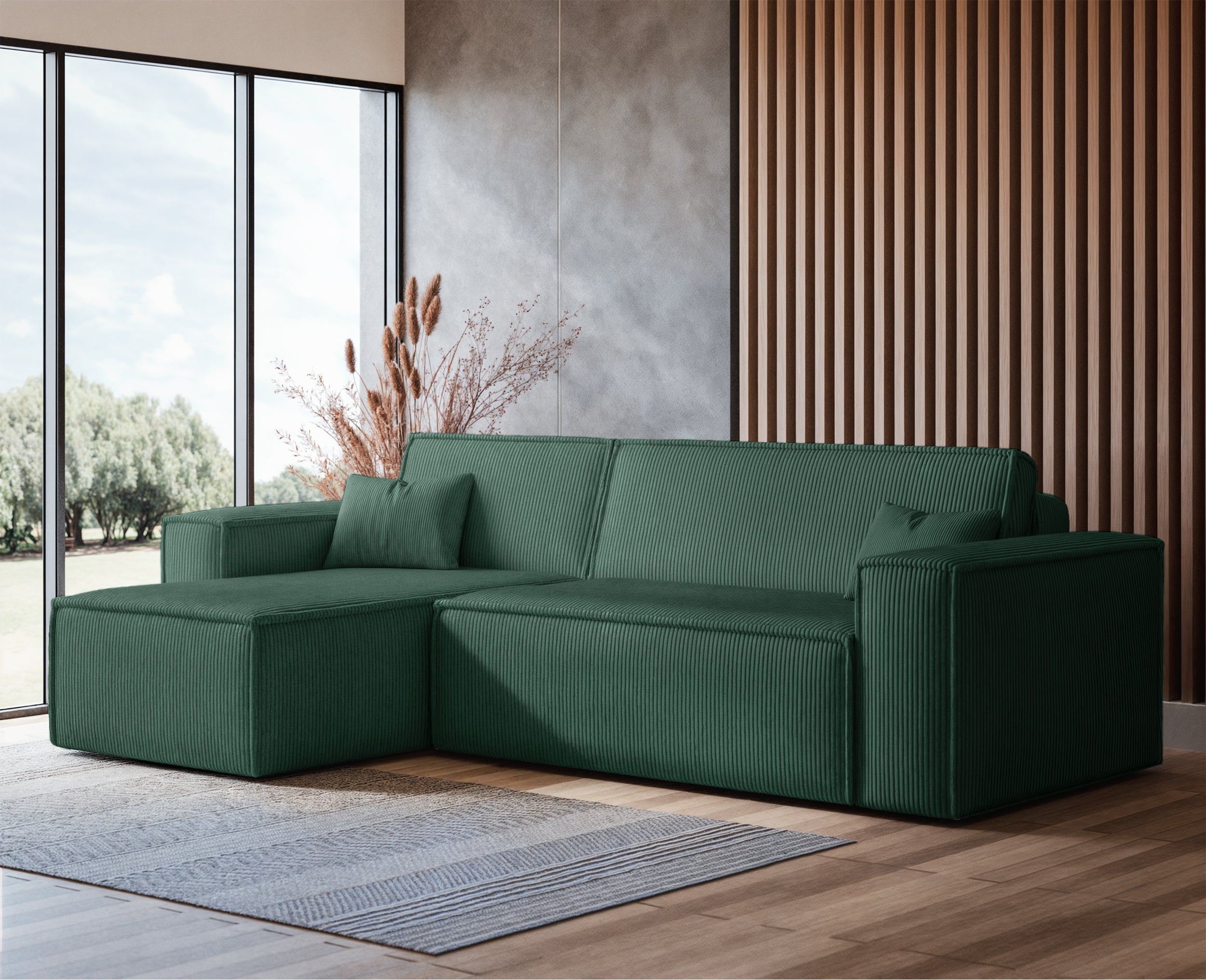 Ecksofa mit Schlaffunktion Scarlo, L-förmig, mit Stauraum, universell, dunkelgrüner Cordstoff