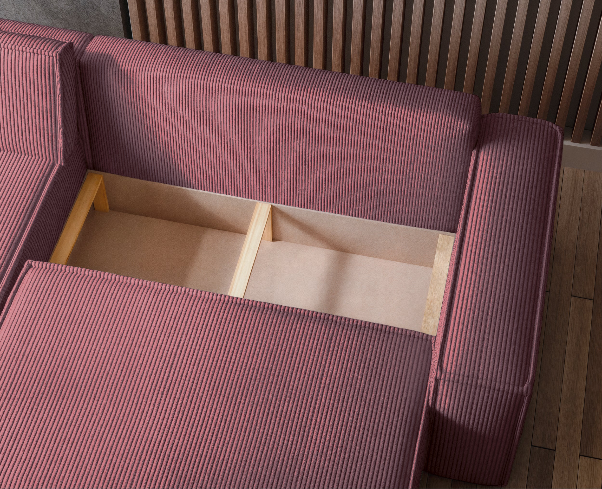 Ecksofa mit Schlaffunktion Scarlo, L-förmig, mit Stauraum, universell, dunkelrosa Cordstoff