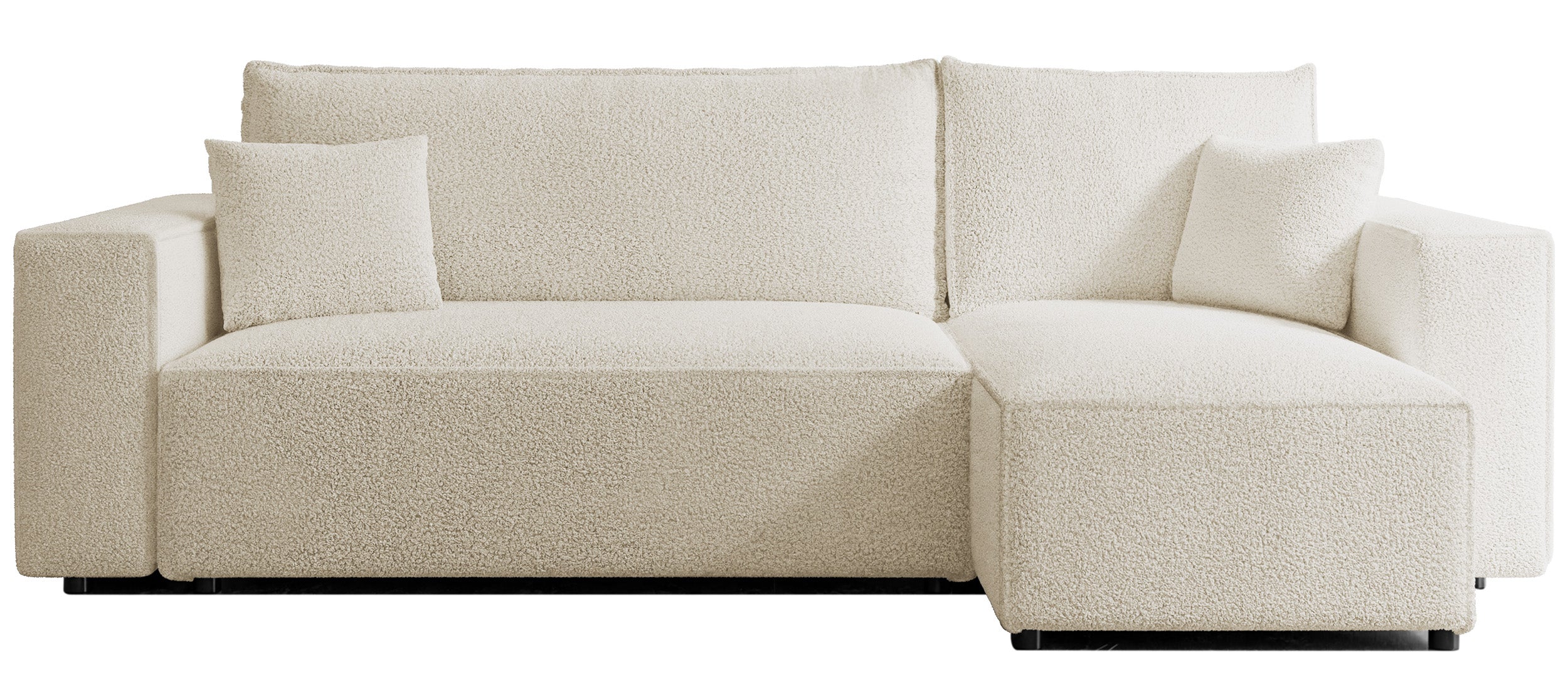 Ecksofa mit Schlaffunktion Scarlo, L-förmig, universell, mit Stauraum, cremefarbenes Bouclé