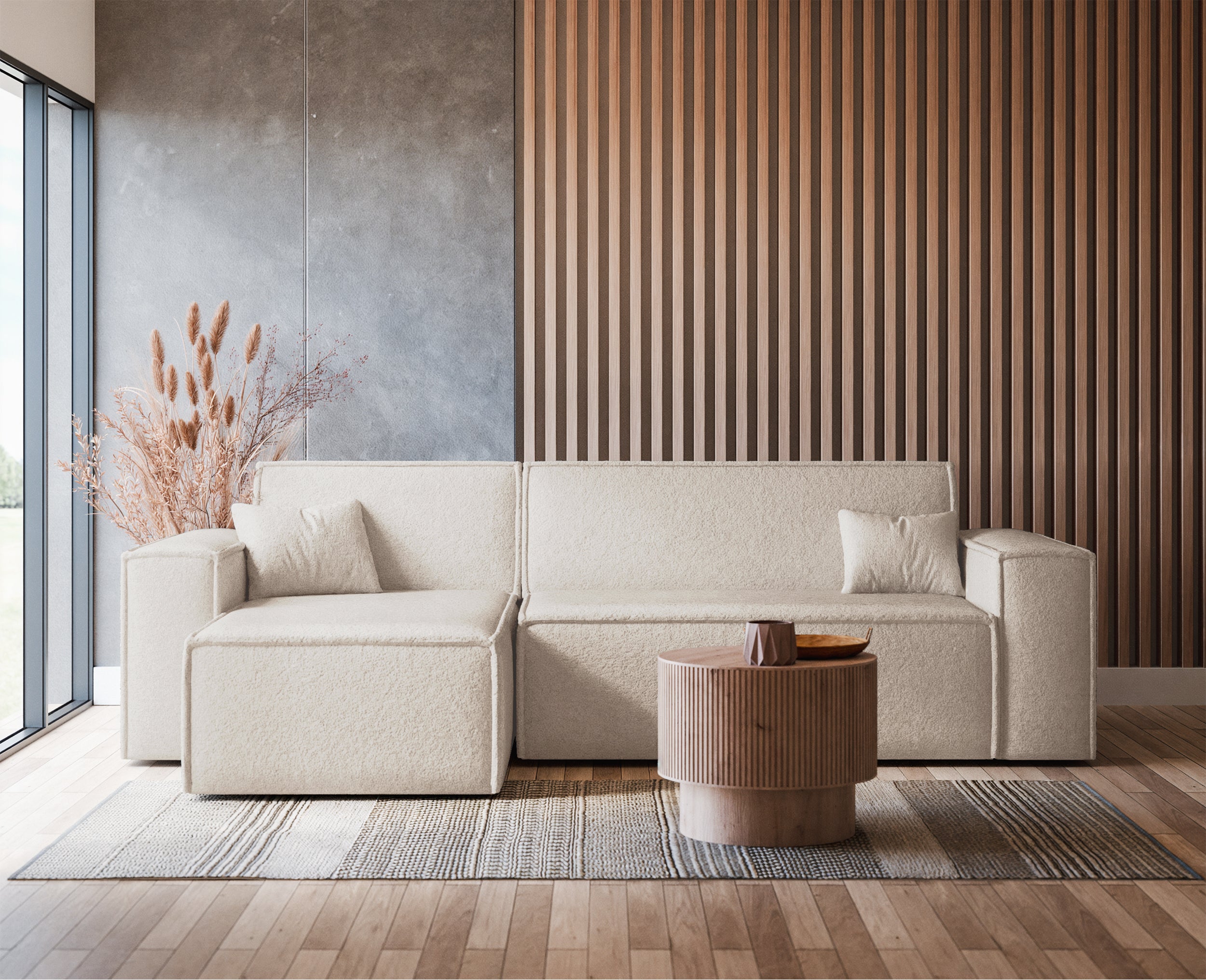 Ecksofa mit Schlaffunktion Scarlo, L-förmig, universell, mit Stauraum, cremefarbenes Bouclé