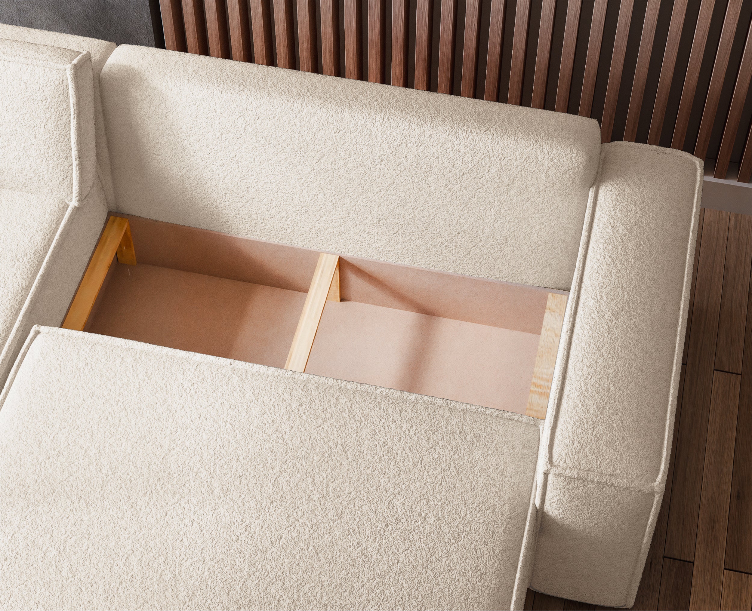 Ecksofa mit Schlaffunktion Scarlo, L-förmig, universell, mit Stauraum, cremefarbenes Bouclé