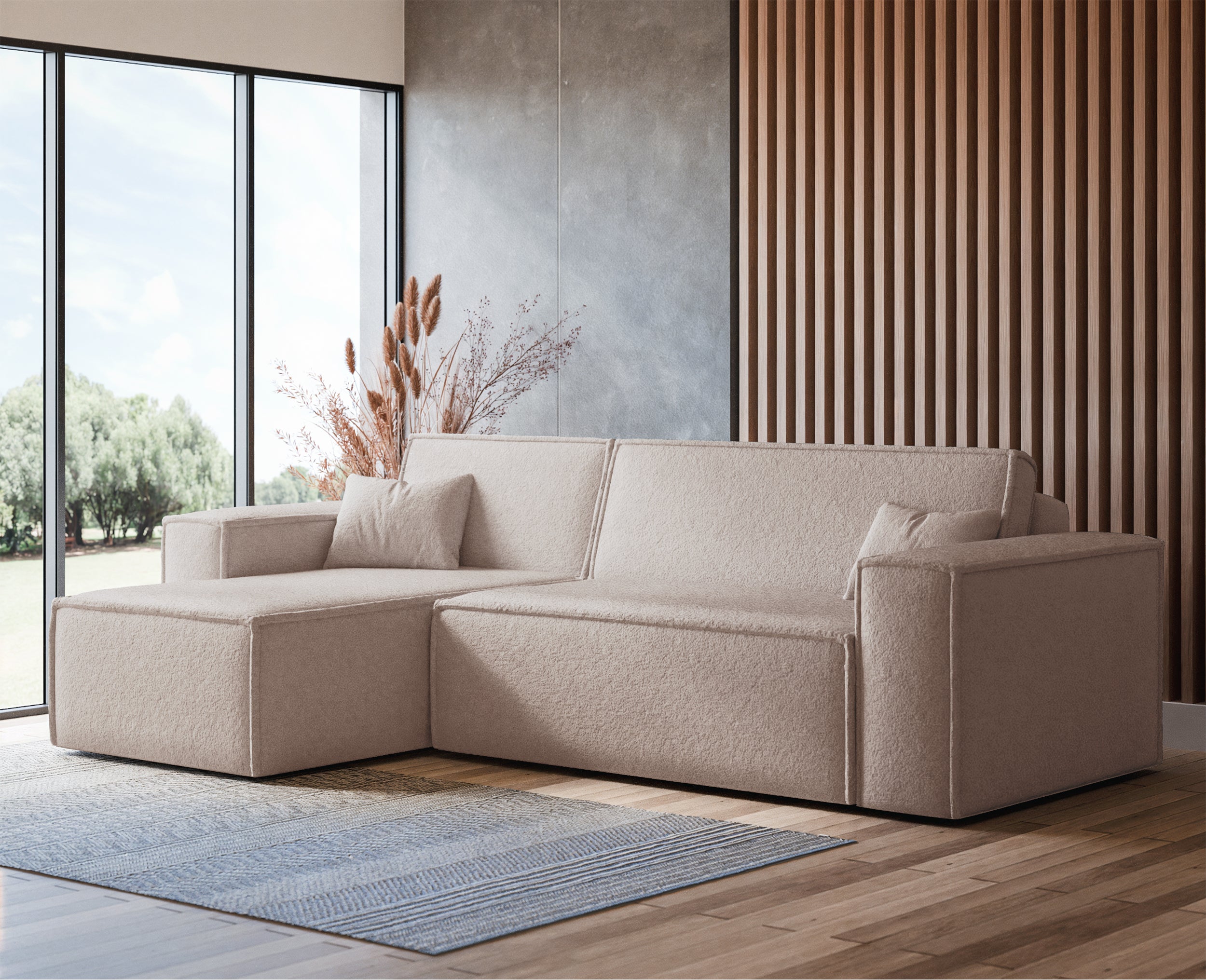 Ecksofa mit Schlaffunktion Scarlo, L-förmig, universell, mit Stauraum, hellbeiger Bouclé-Stoff