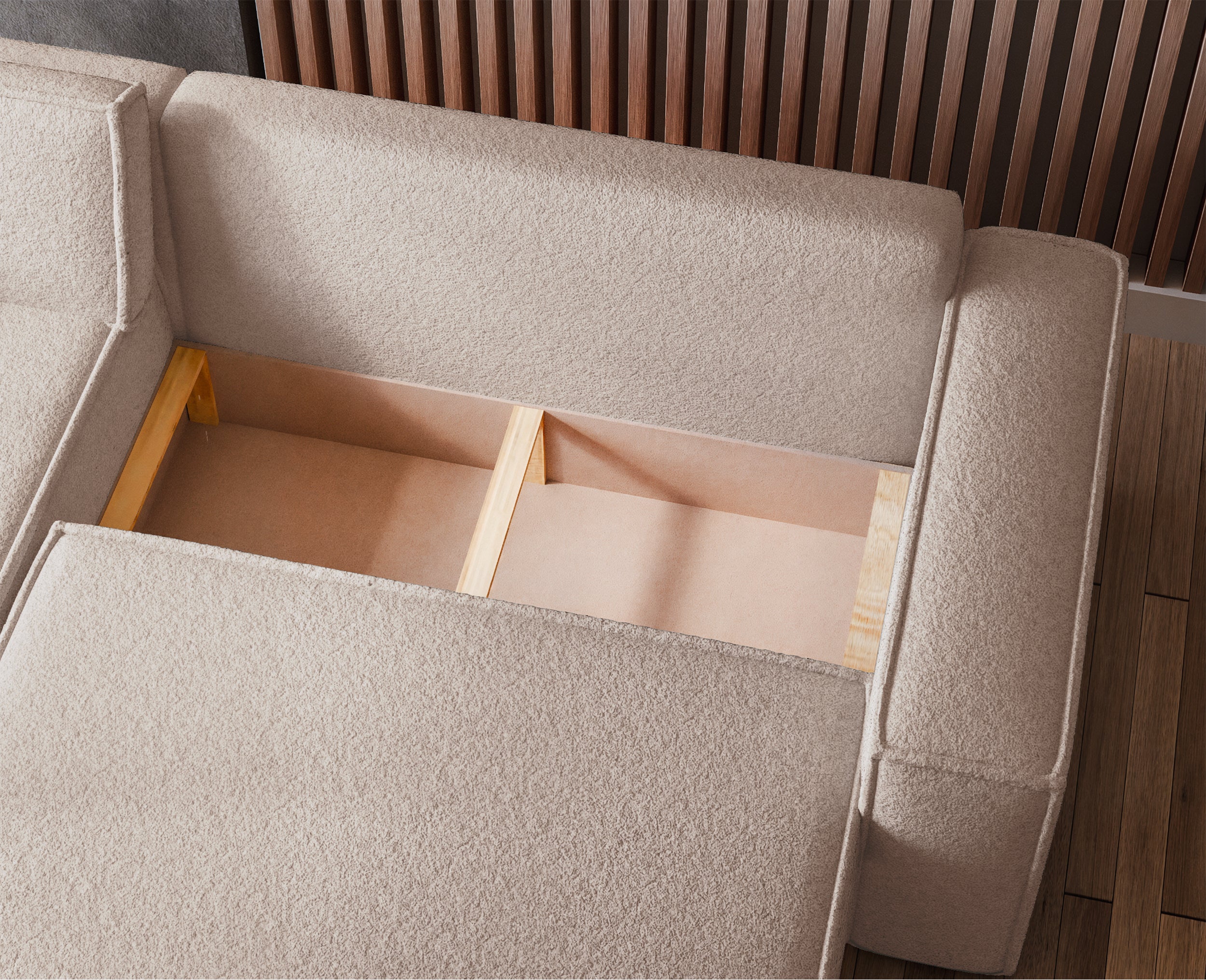 Ecksofa mit Schlaffunktion Scarlo, L-förmig, universell, mit Stauraum, hellbeiger Bouclé-Stoff