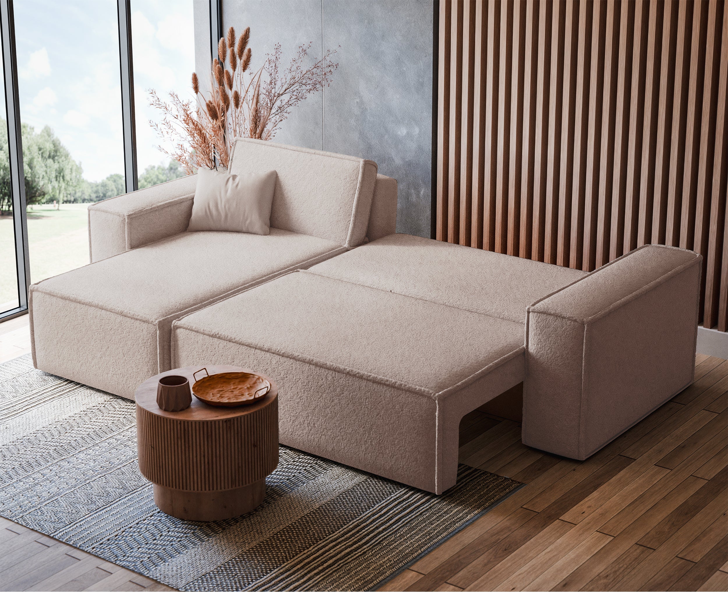 Ecksofa mit Schlaffunktion Scarlo, L-förmig, universell, mit Stauraum, hellbeiger Bouclé-Stoff
