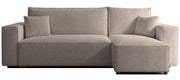 Ecksofa mit Schlaffunktion Scarlo, universell L-förmig, mit Stauraum, hellbraunes Bouclé