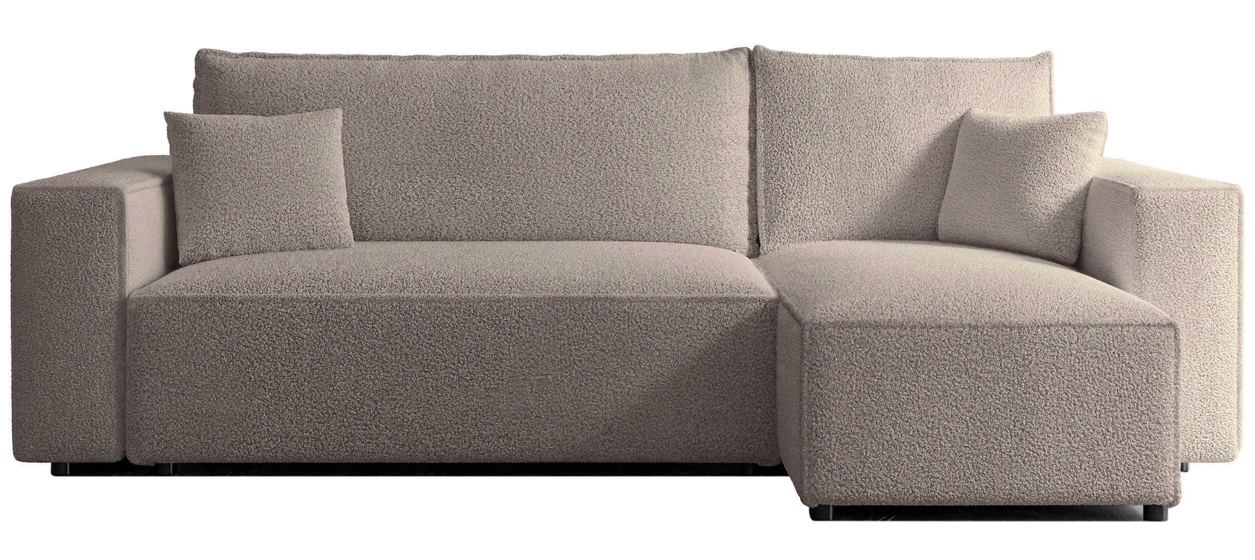 Ecksofa mit Schlaffunktion Scarlo, universell L-förmig, mit Stauraum, hellbraunes Bouclé