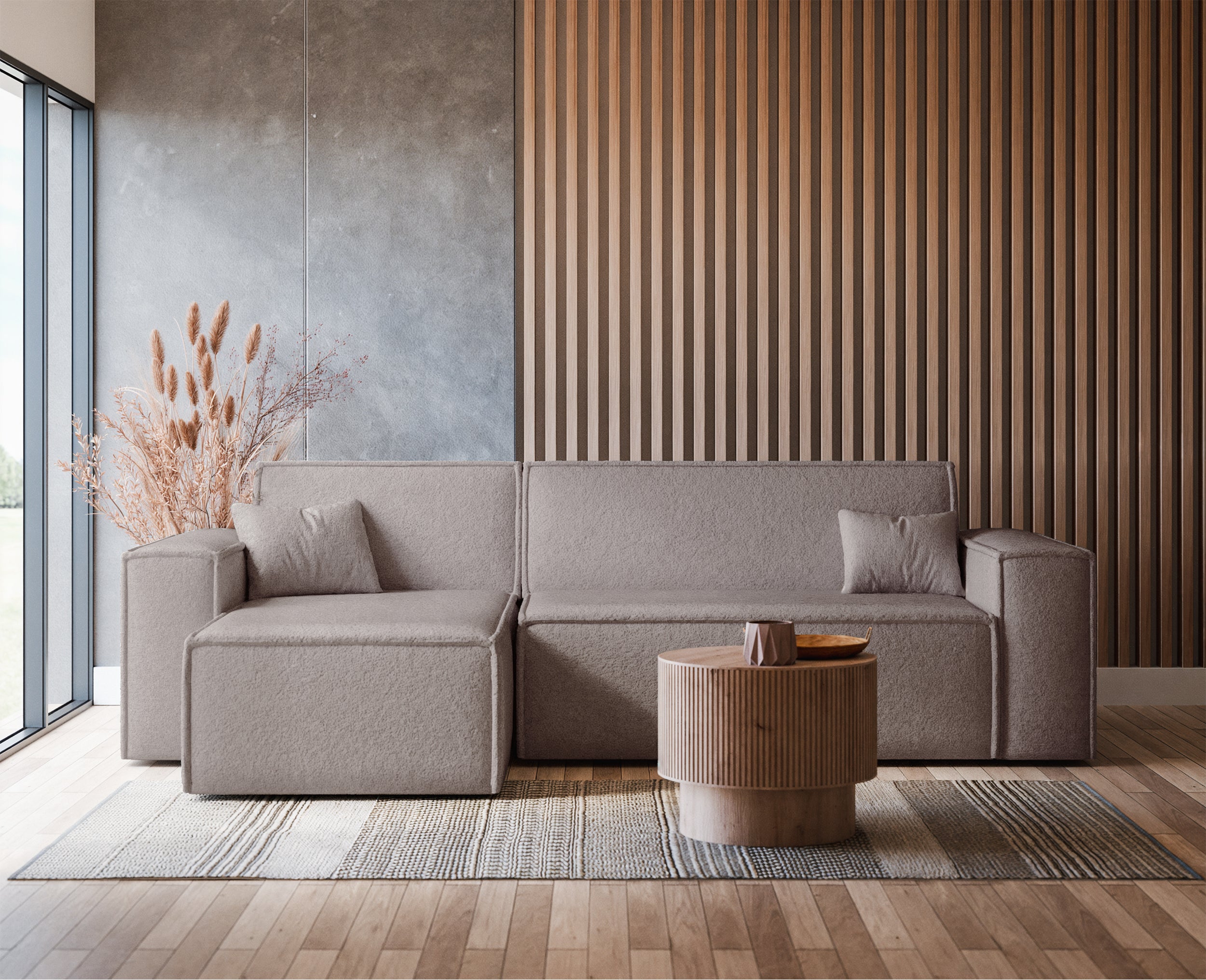 Ecksofa mit Schlaffunktion Scarlo, universell L-förmig, mit Stauraum, hellbraunes Bouclé