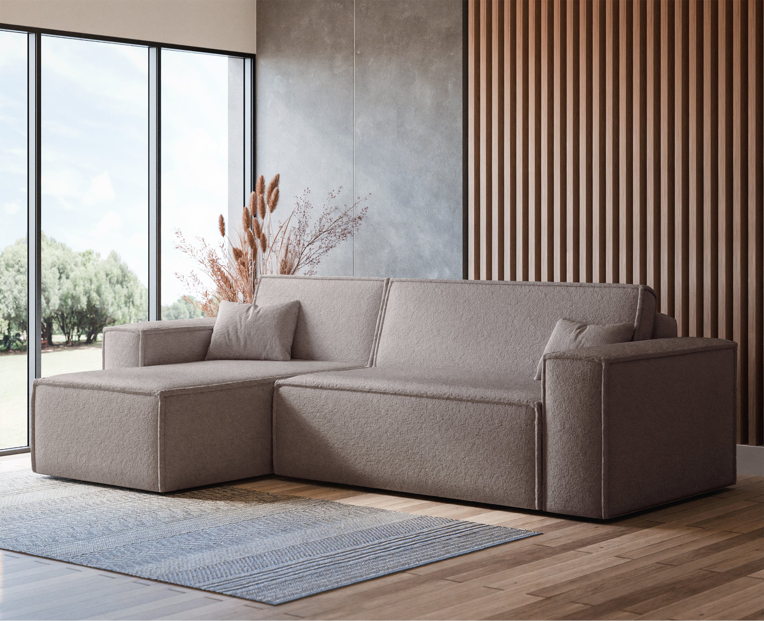 Ecksofa mit Schlaffunktion Scarlo, universell L-förmig, mit Stauraum, hellbraunes Bouclé
