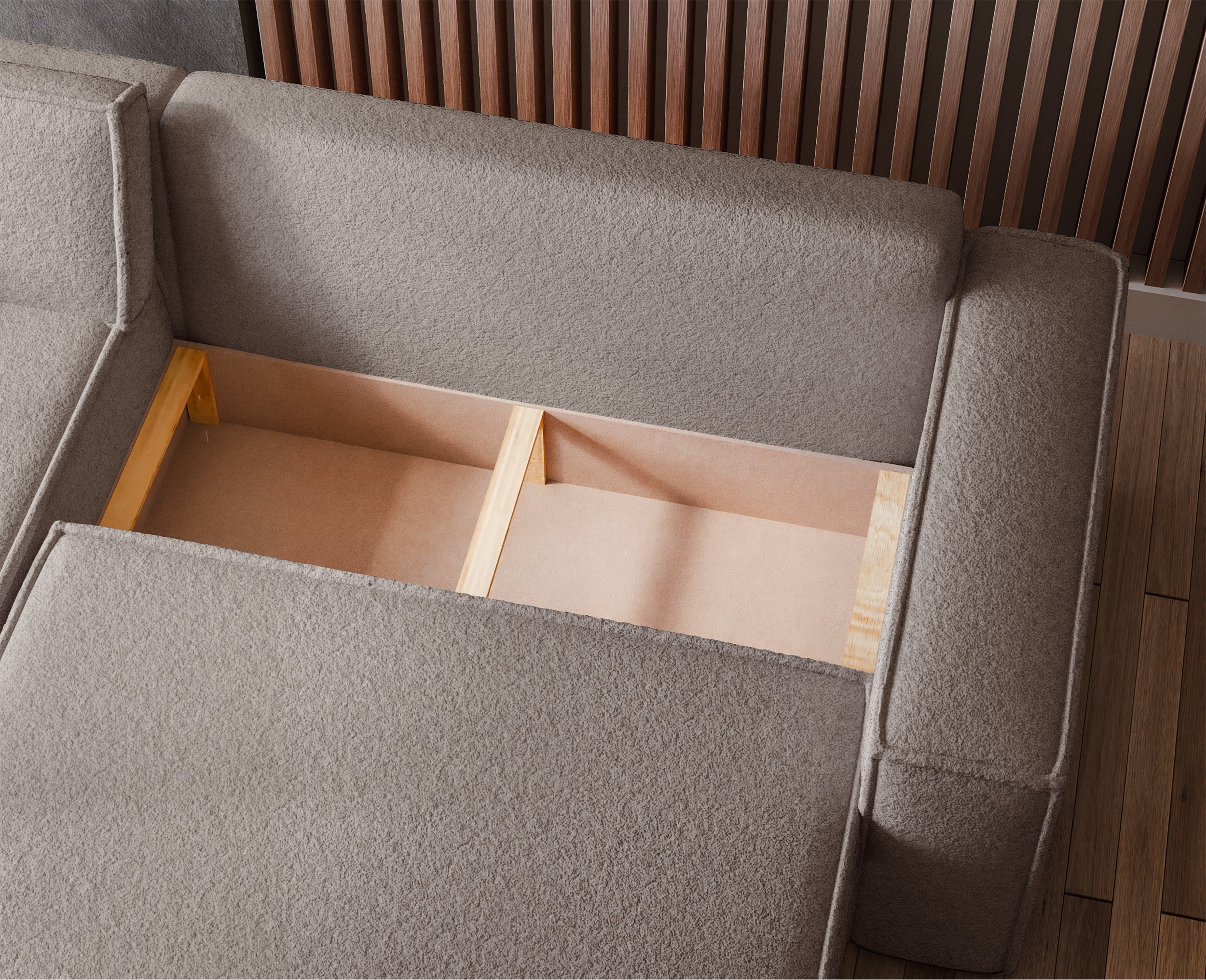 Ecksofa mit Schlaffunktion Scarlo, universell L-förmig, mit Stauraum, hellbraunes Bouclé