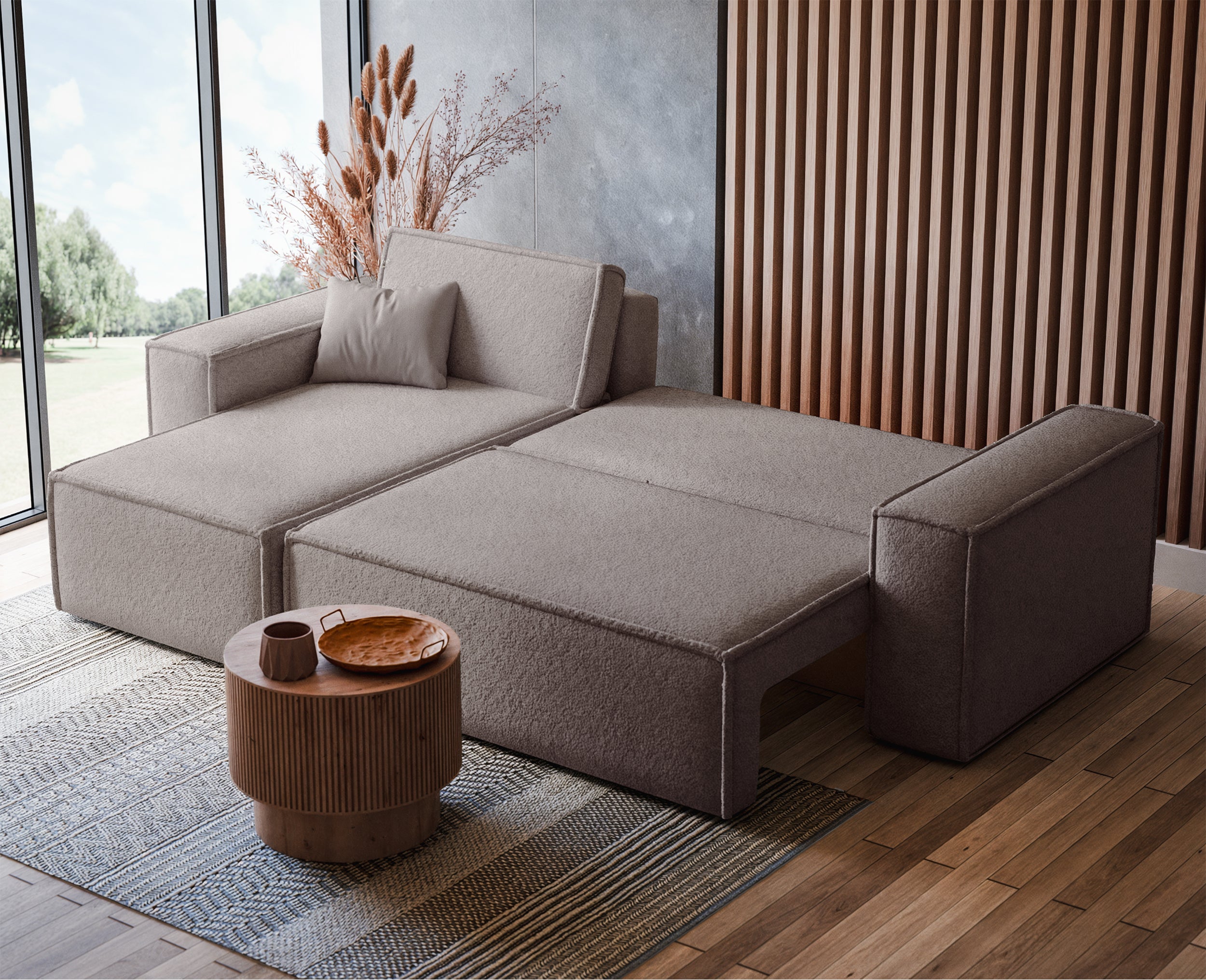 Ecksofa mit Schlaffunktion Scarlo, universell L-förmig, mit Stauraum, hellbraunes Bouclé