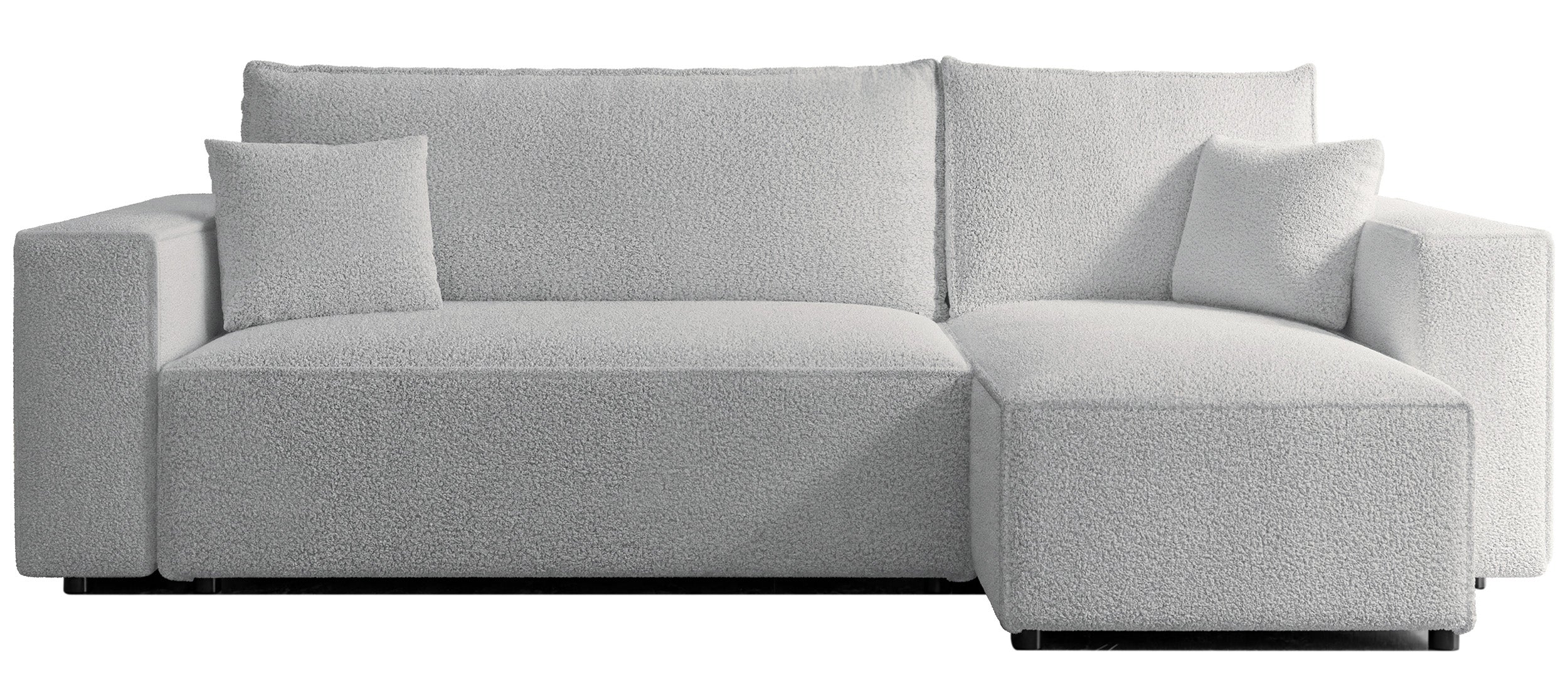 Ecksofa mit Schlafunktion Scarlo, L-förmig, universell, mit Stauraum, hellgrauer Bouclé-Stoff