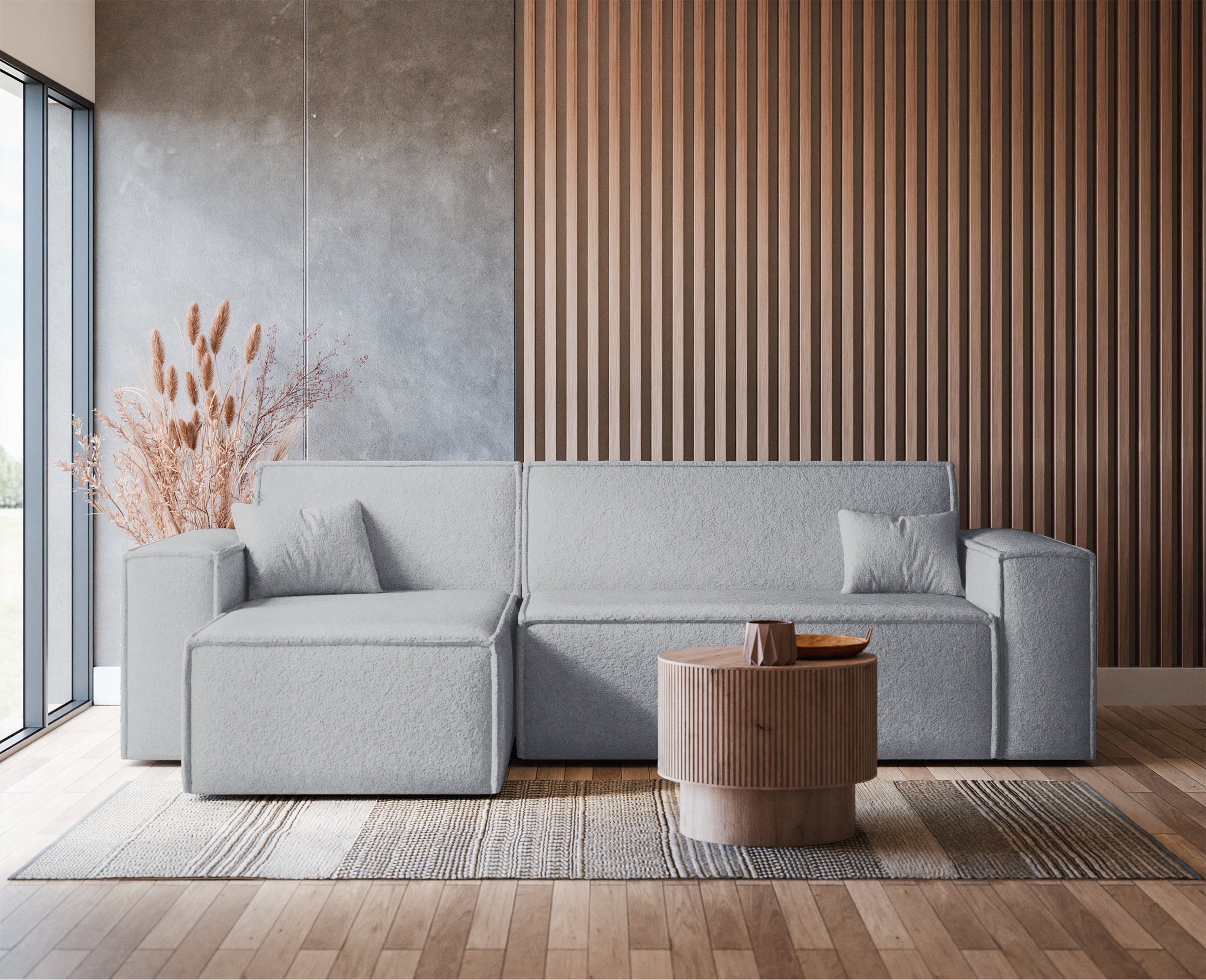 Ecksofa mit Schlafunktion Scarlo, L-förmig, universell, mit Stauraum, hellgrauer Bouclé-Stoff