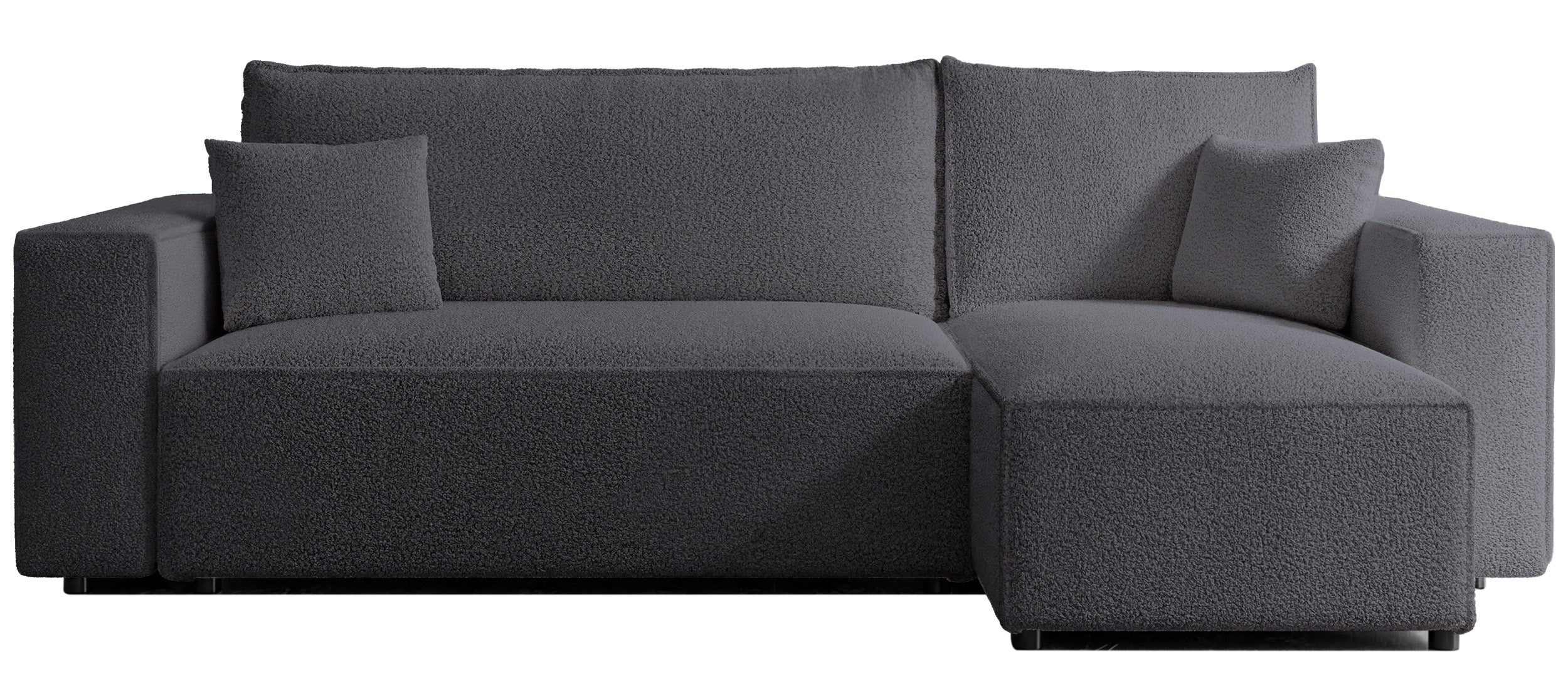Ecksofa mit Schlaffunktion Scarlo, universell L-förmig, mit Stauraum, dunkelgrauer Bouclé-Stoff