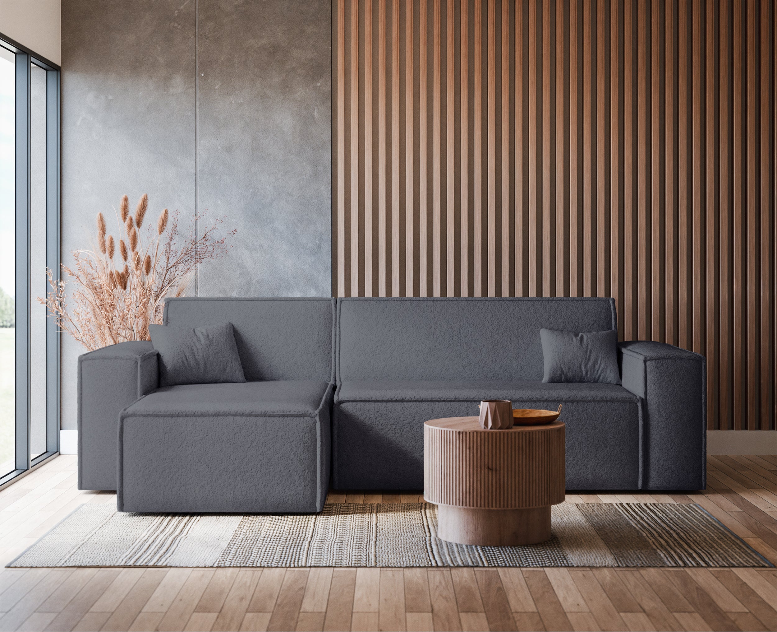 Ecksofa mit Schlaffunktion Scarlo, universell L-förmig, mit Stauraum, dunkelgrauer Bouclé-Stoff