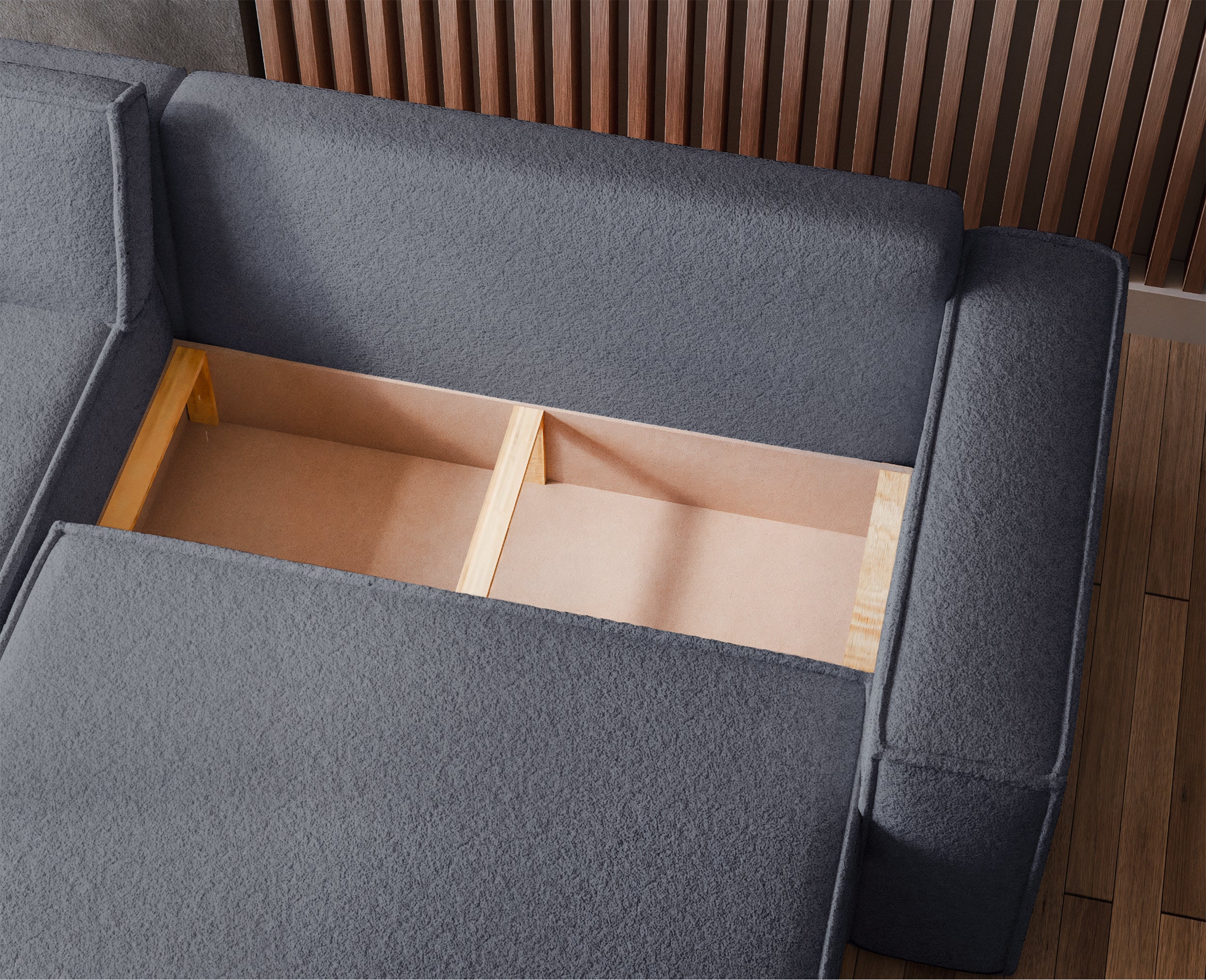 Ecksofa mit Schlaffunktion Scarlo, universell L-förmig, mit Stauraum, dunkelgrauer Bouclé-Stoff