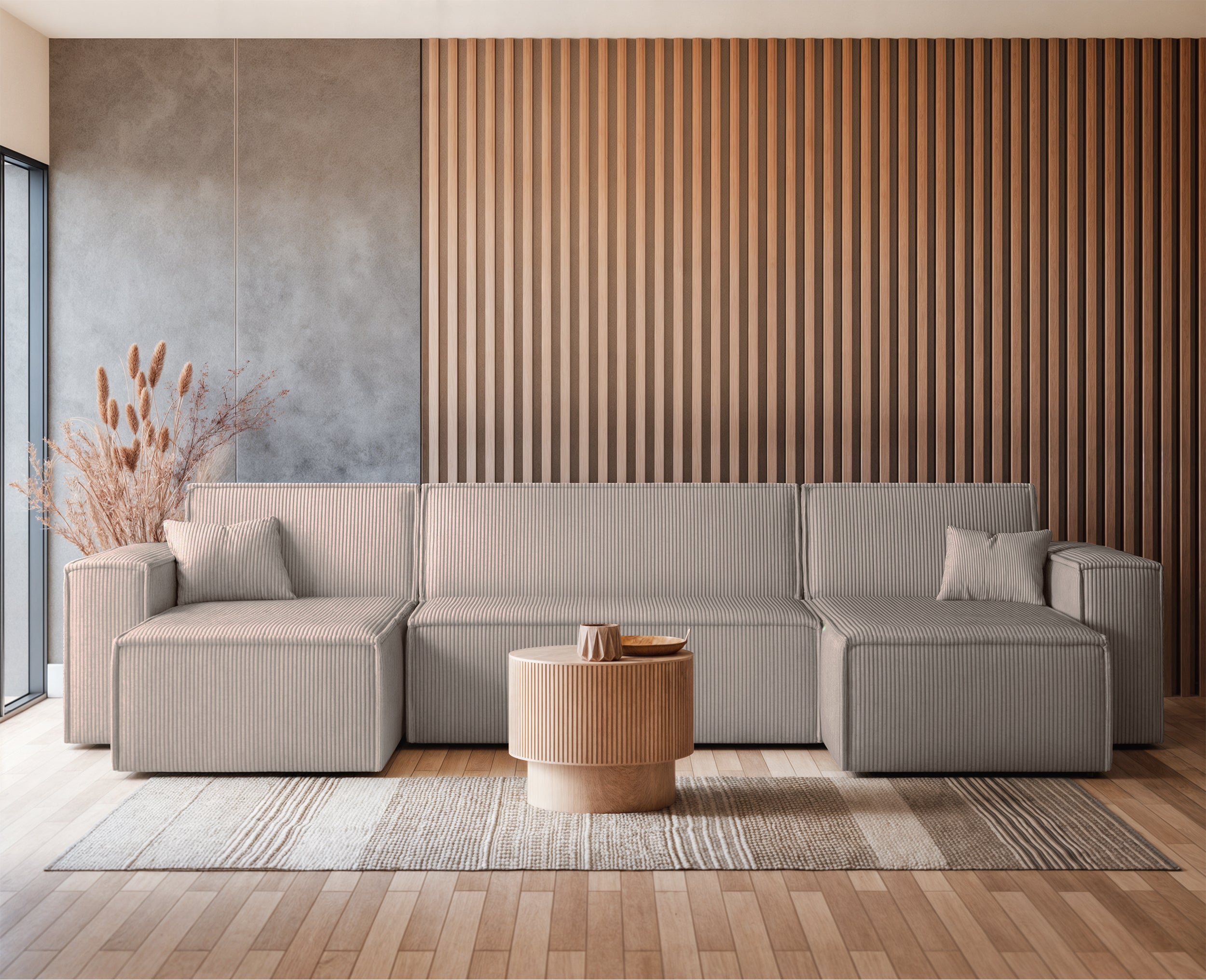 U-förmiges Ecksofa Scarlo mit Schlaffunktion, universellem Stauraum, beige Cordstoff