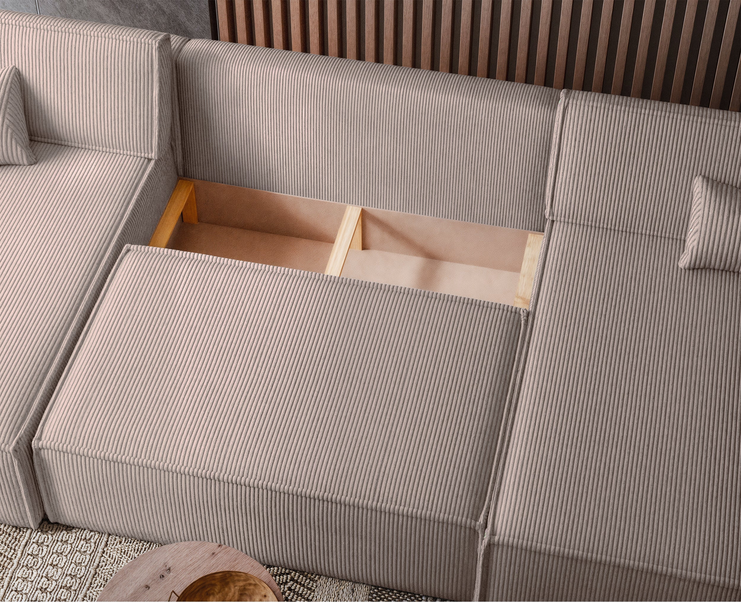 U-förmiges Ecksofa Scarlo mit Schlaffunktion, universellem Stauraum, beige Cordstoff