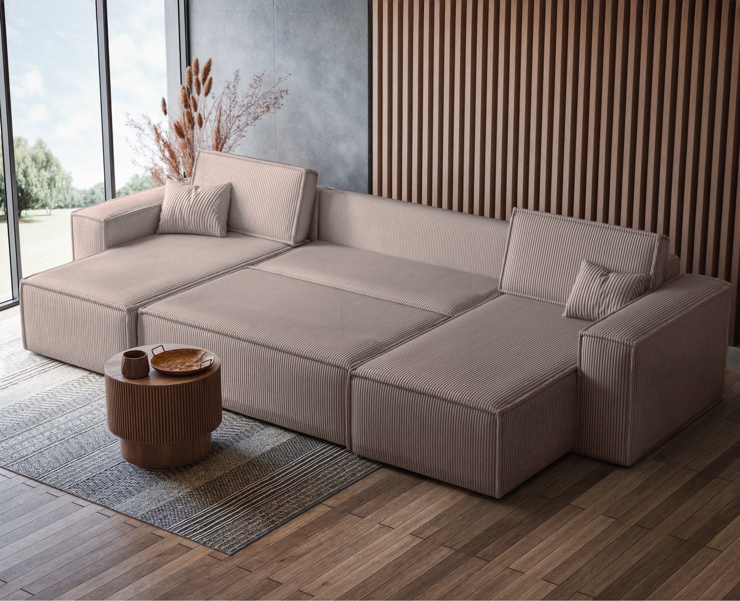 U-förmiges Ecksofa Scarlo mit Schlaffunktion, universellem Stauraum, beige Cordstoff