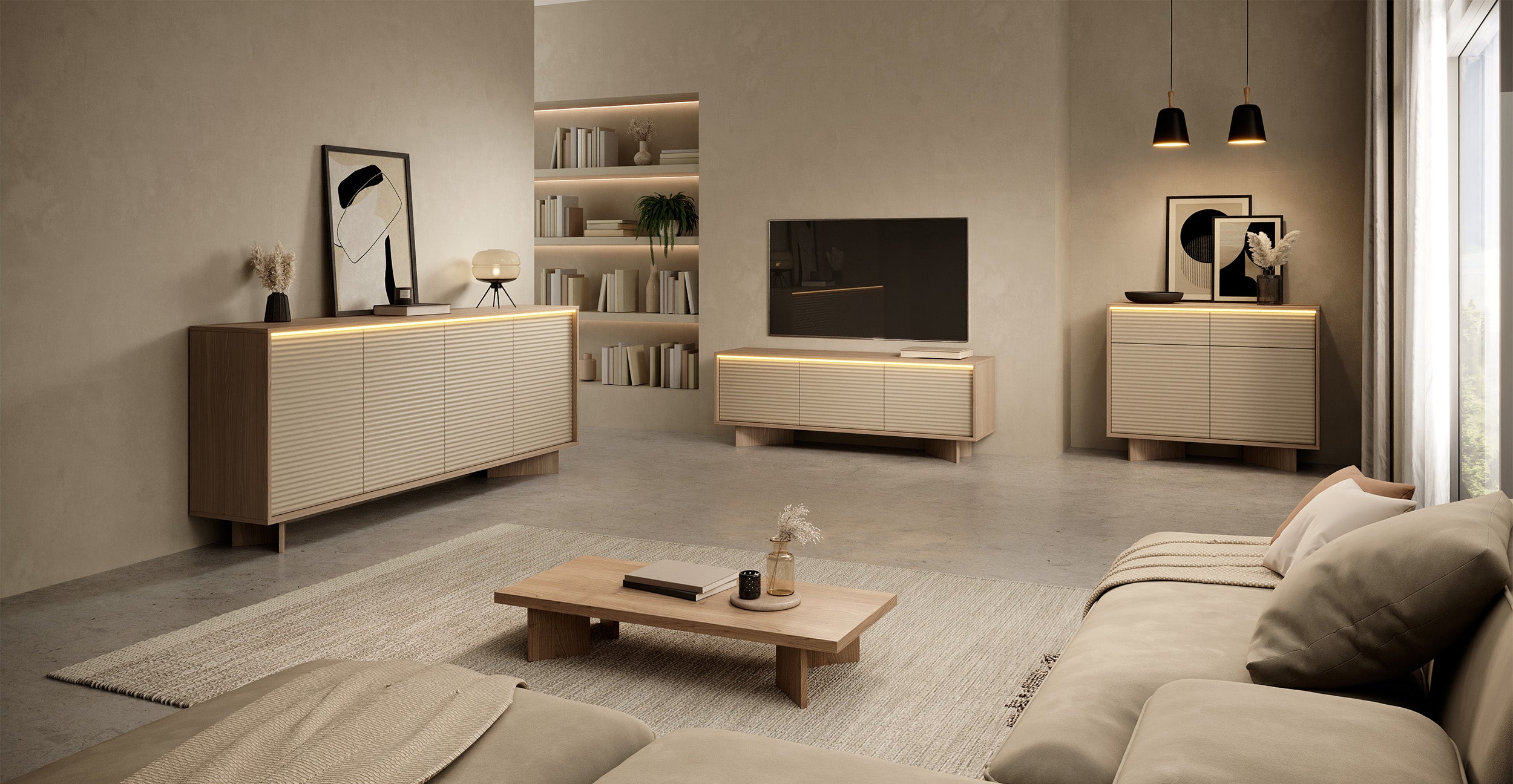 Vier­türige Kommode Semi mit LED-Beleuchtung 204 cm Bolivar Natur/Cappuccino