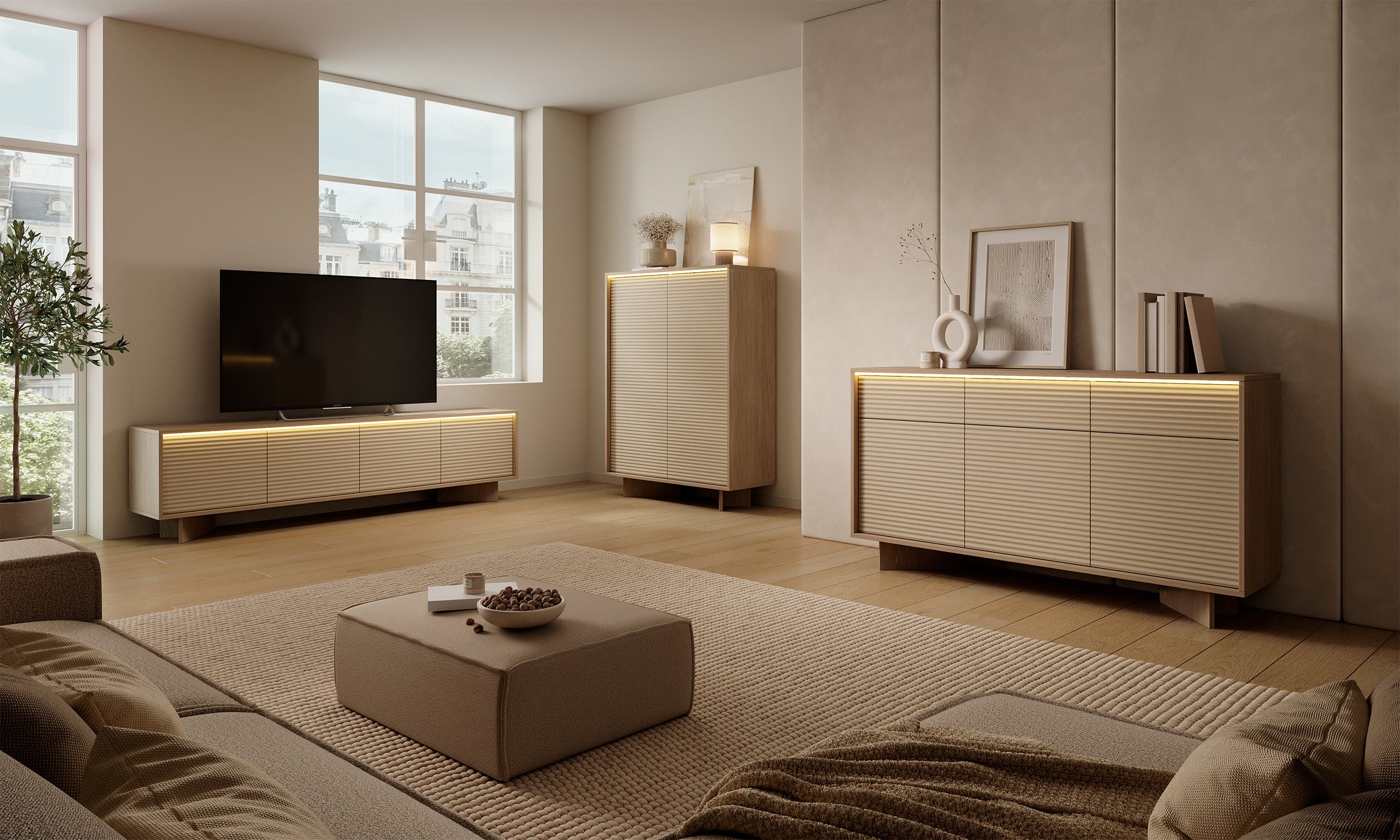 Zweitrüriger Kommode Semi mit LED-Beleuchtung 104 cm Bolivar Natur/Cappuccino
