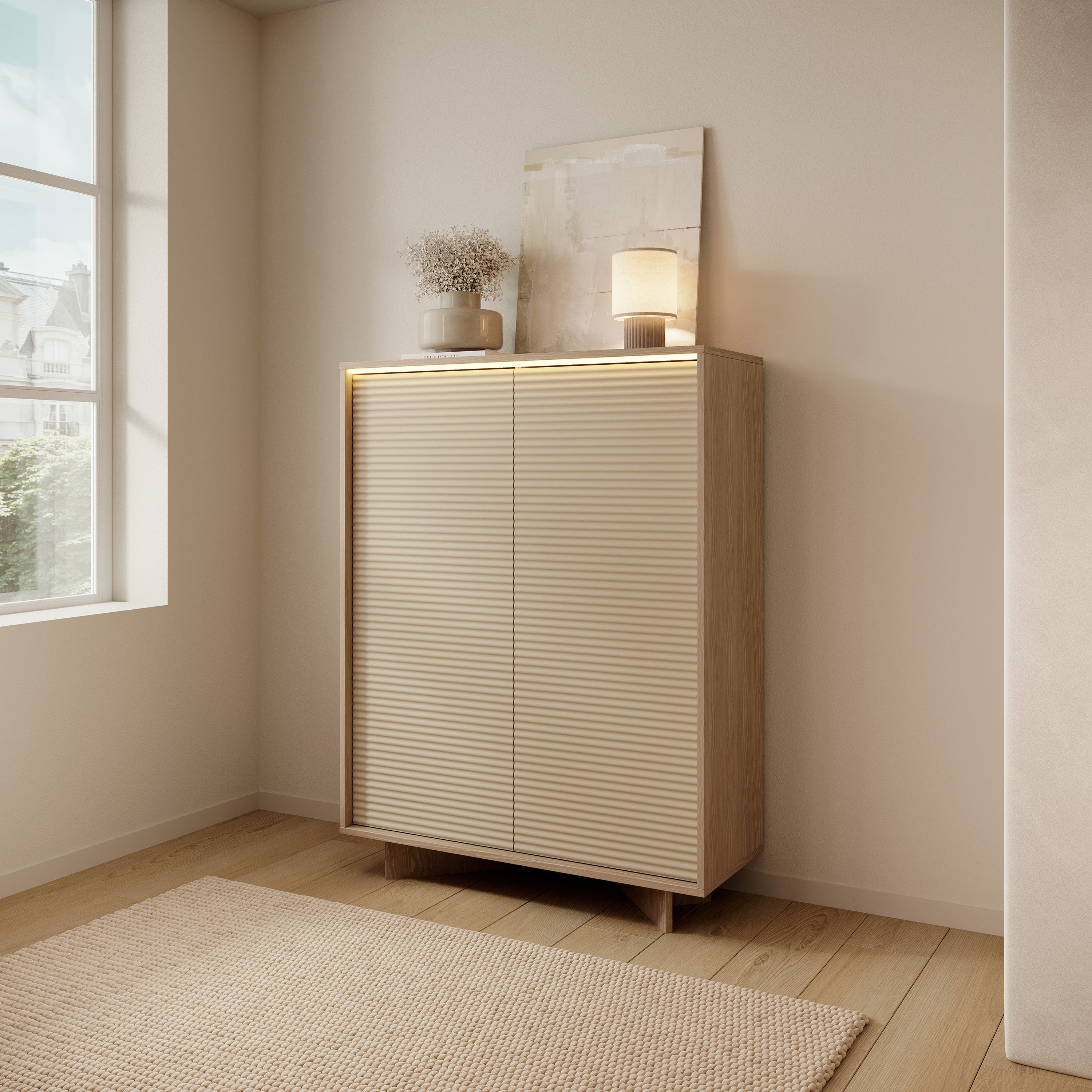 Zweitrüriger Kommode Semi mit LED-Beleuchtung 104 cm Bolivar Natur/Cappuccino