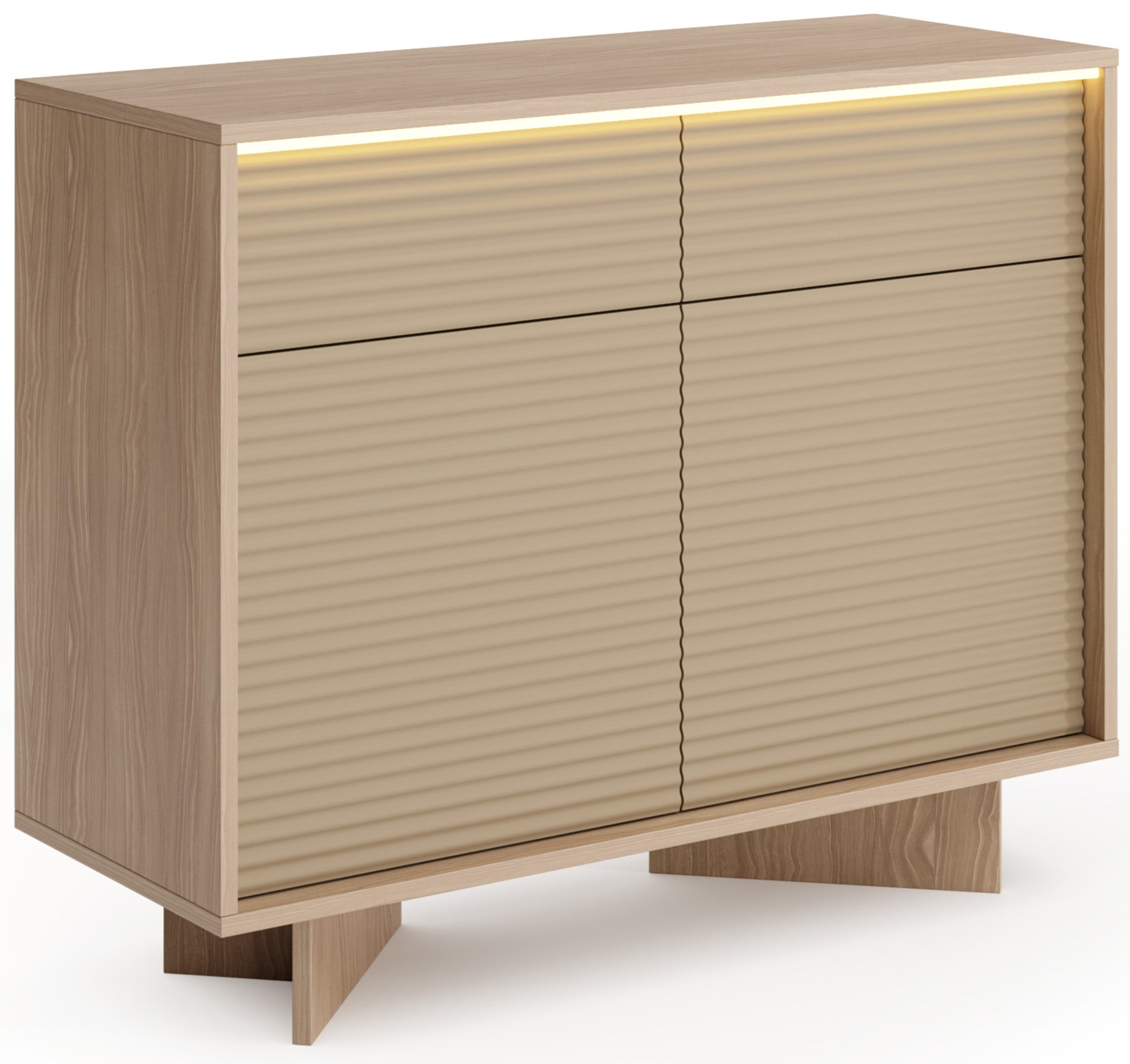 Zweittürige Kommode Semi mit zwei Schubladen und LED-Beleuchtung, 104 cm, Bolivar Natur/Cappuccino