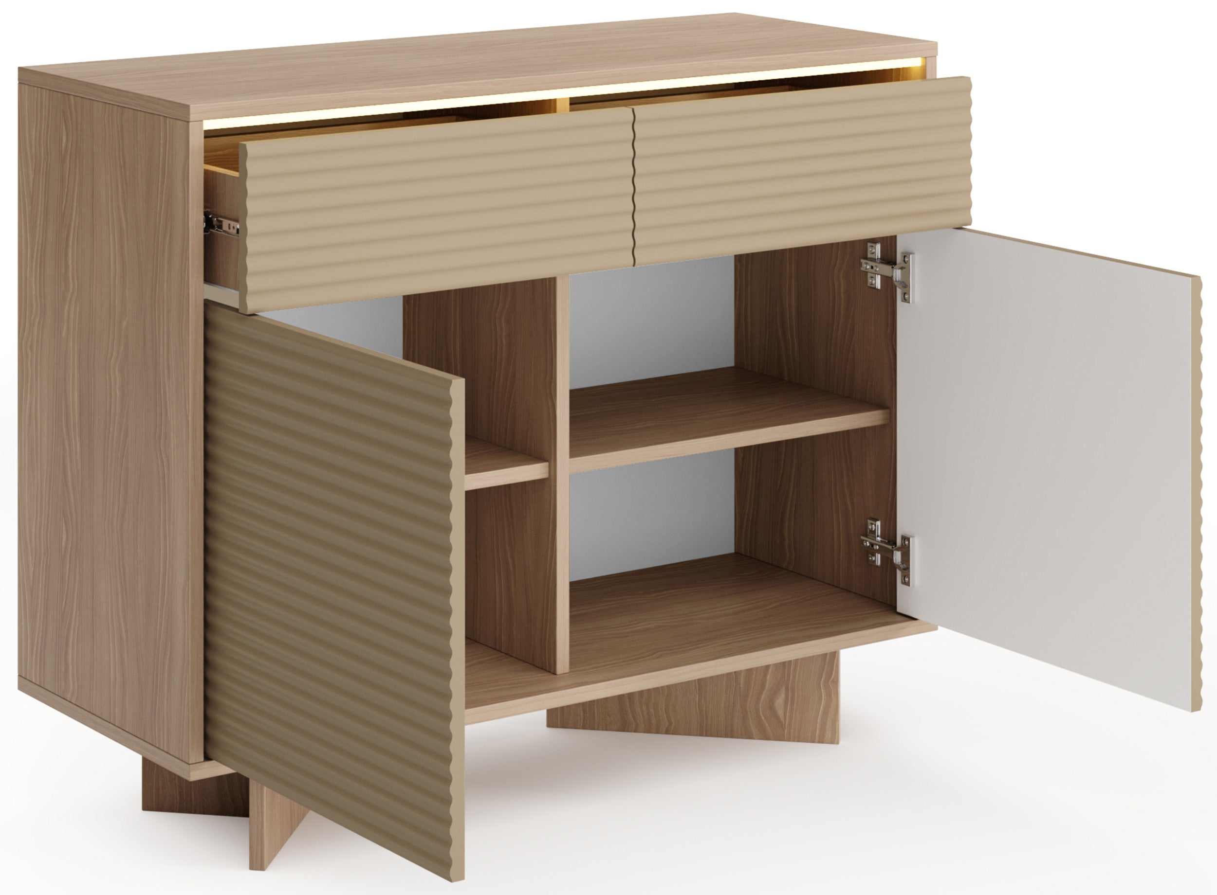Zweittürige Kommode Semi mit zwei Schubladen und LED-Beleuchtung, 104 cm, Bolivar Natur/Cappuccino