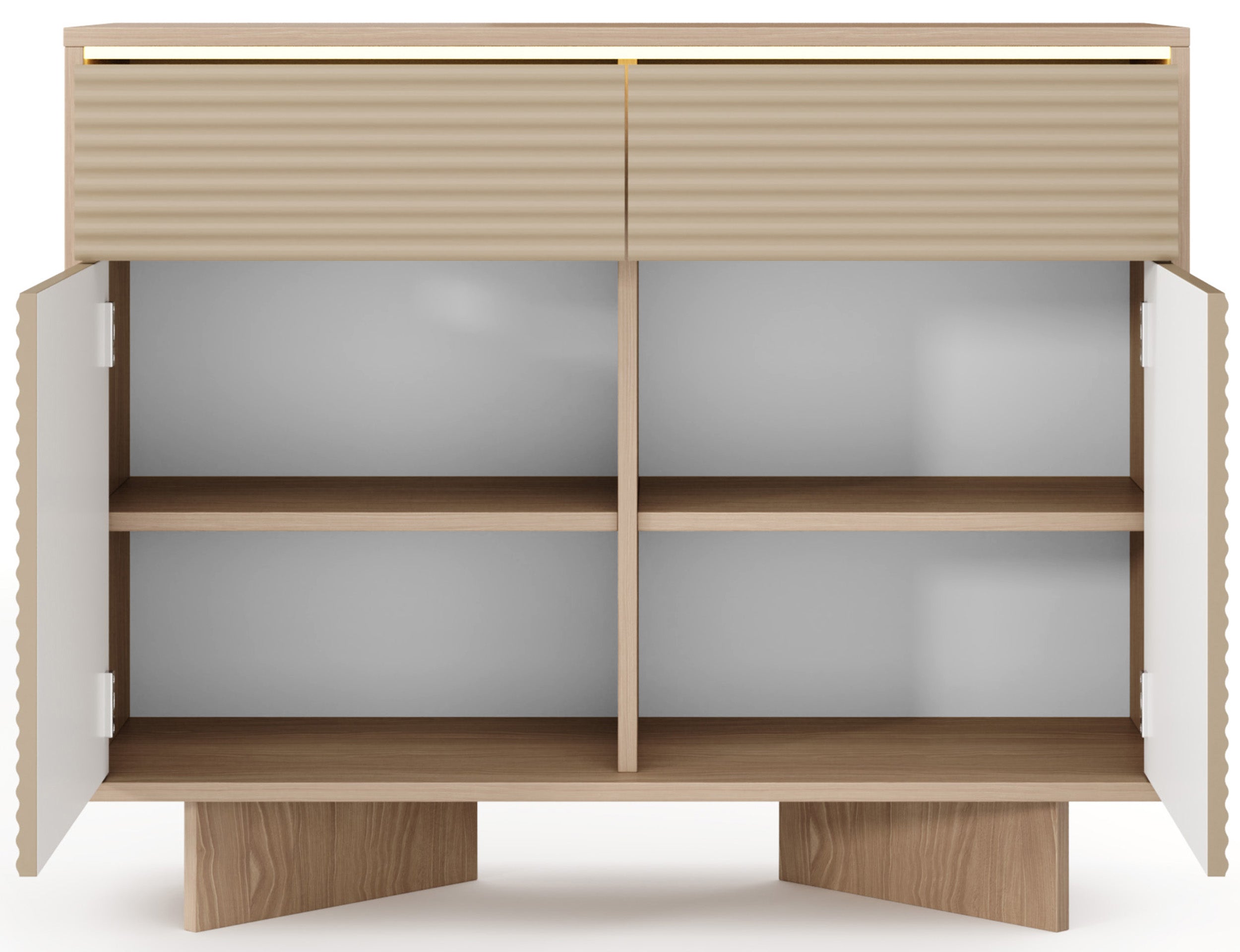 Zweittürige Kommode Semi mit zwei Schubladen und LED-Beleuchtung, 104 cm, Bolivar Natur/Cappuccino