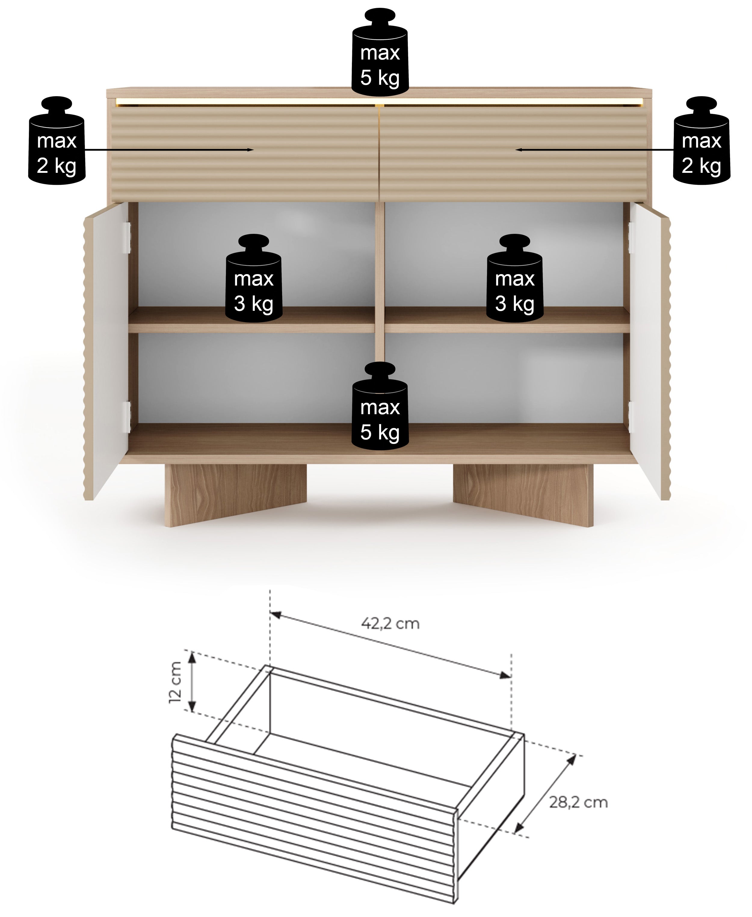 Zweittürige Kommode Semi mit zwei Schubladen und LED-Beleuchtung, 104 cm, Bolivar Natur/Cappuccino