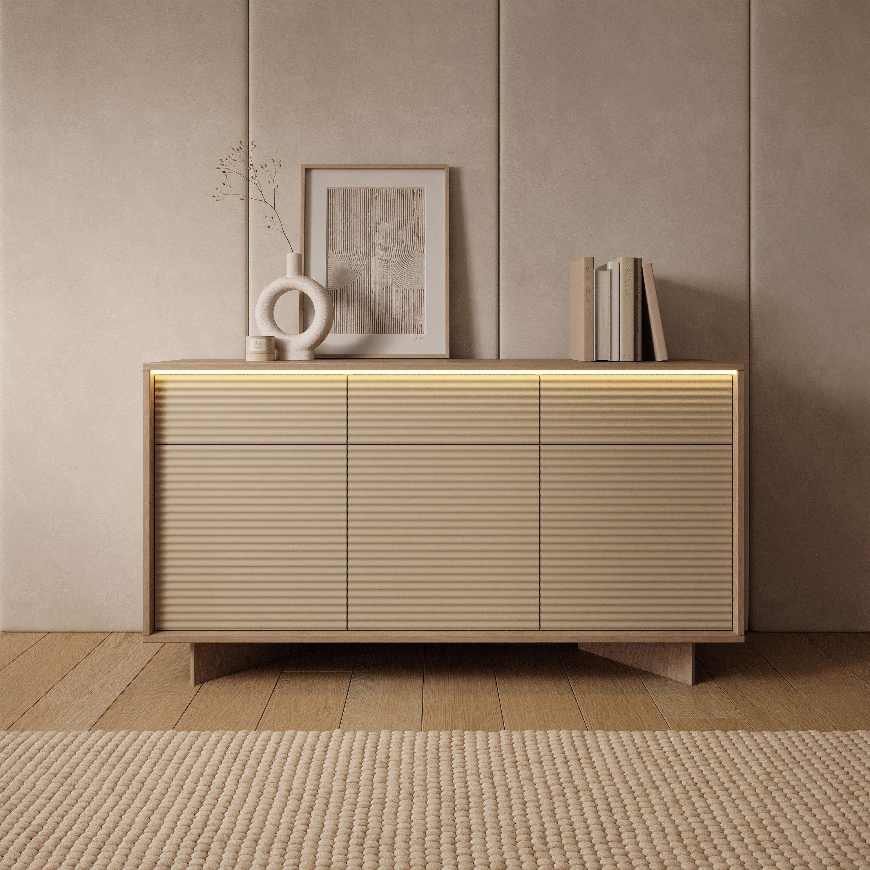 Drehtürenschrank Semi mit drei Schubladen und LED-Beleuchtung, 154 cm, Bolivar Natur/Cappuccino