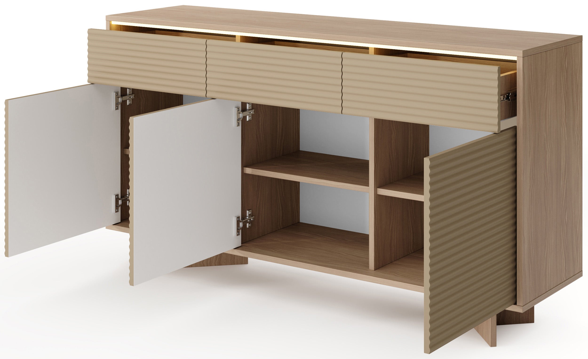 Drehtürenschrank Semi mit drei Schubladen und LED-Beleuchtung, 154 cm, Bolivar Natur/Cappuccino