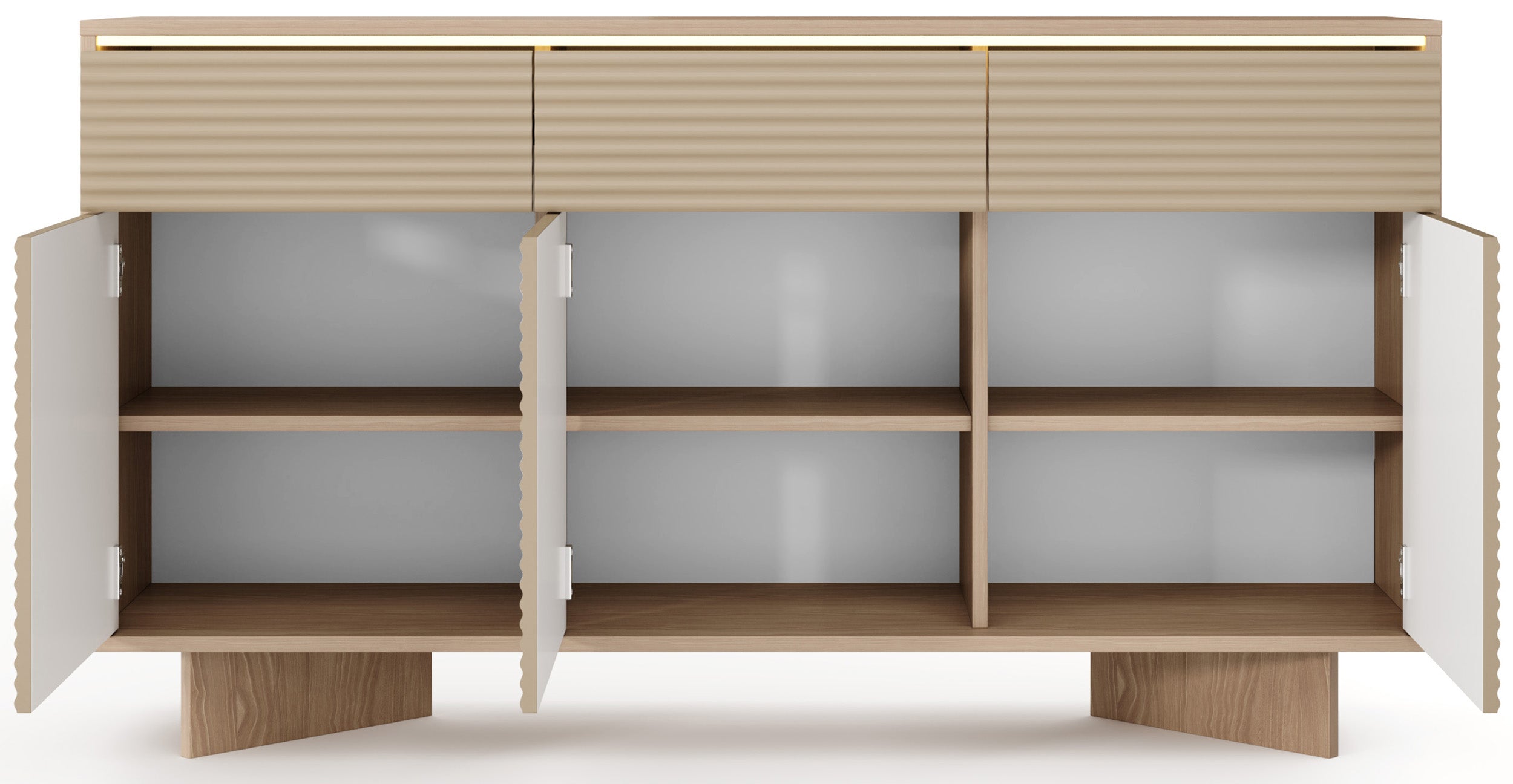 Drehtürenschrank Semi mit drei Schubladen und LED-Beleuchtung, 154 cm, Bolivar Natur/Cappuccino