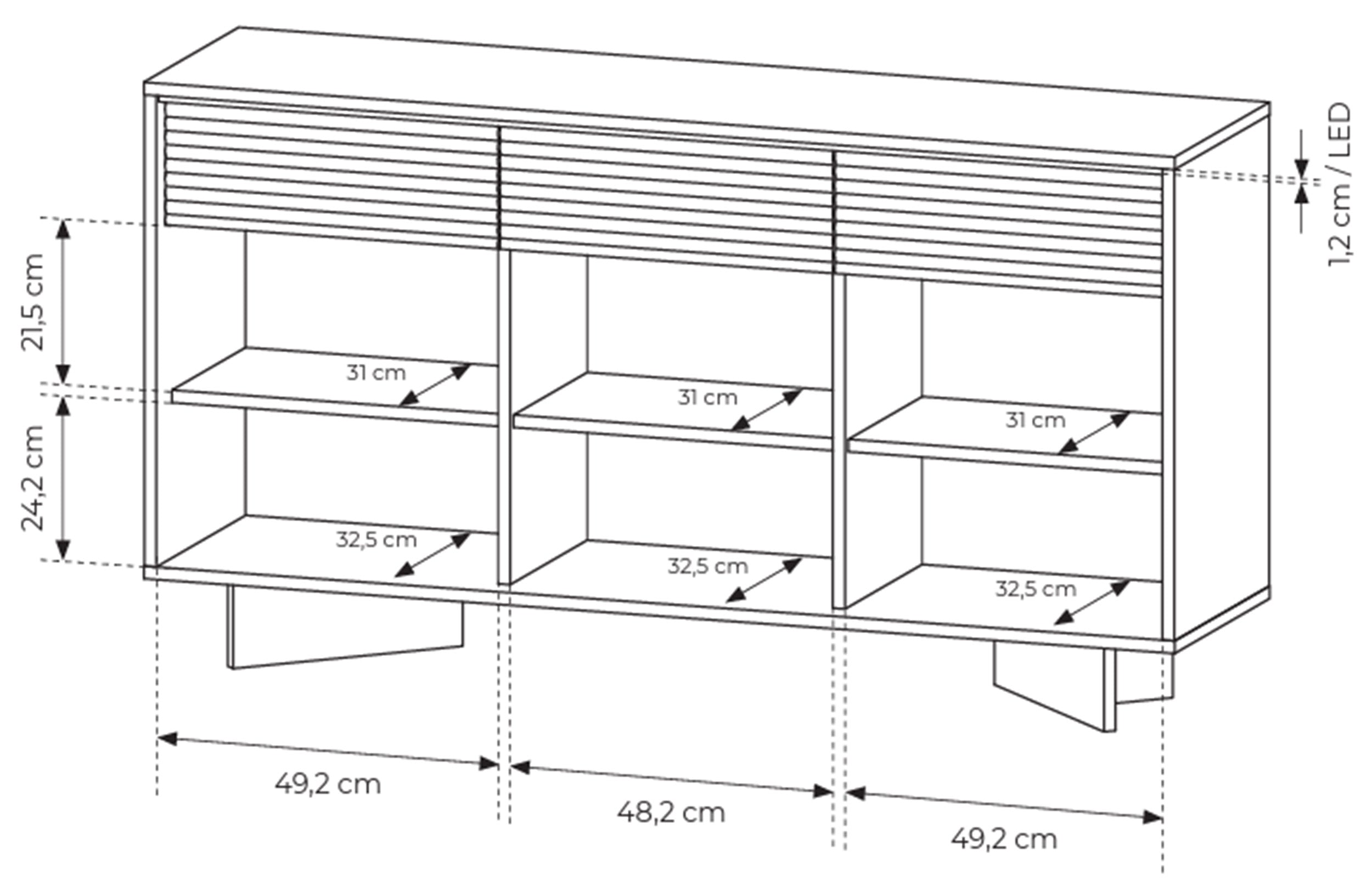 Drehtürenschrank Semi mit drei Schubladen und LED-Beleuchtung, 154 cm, Bolivar Natur/Cappuccino