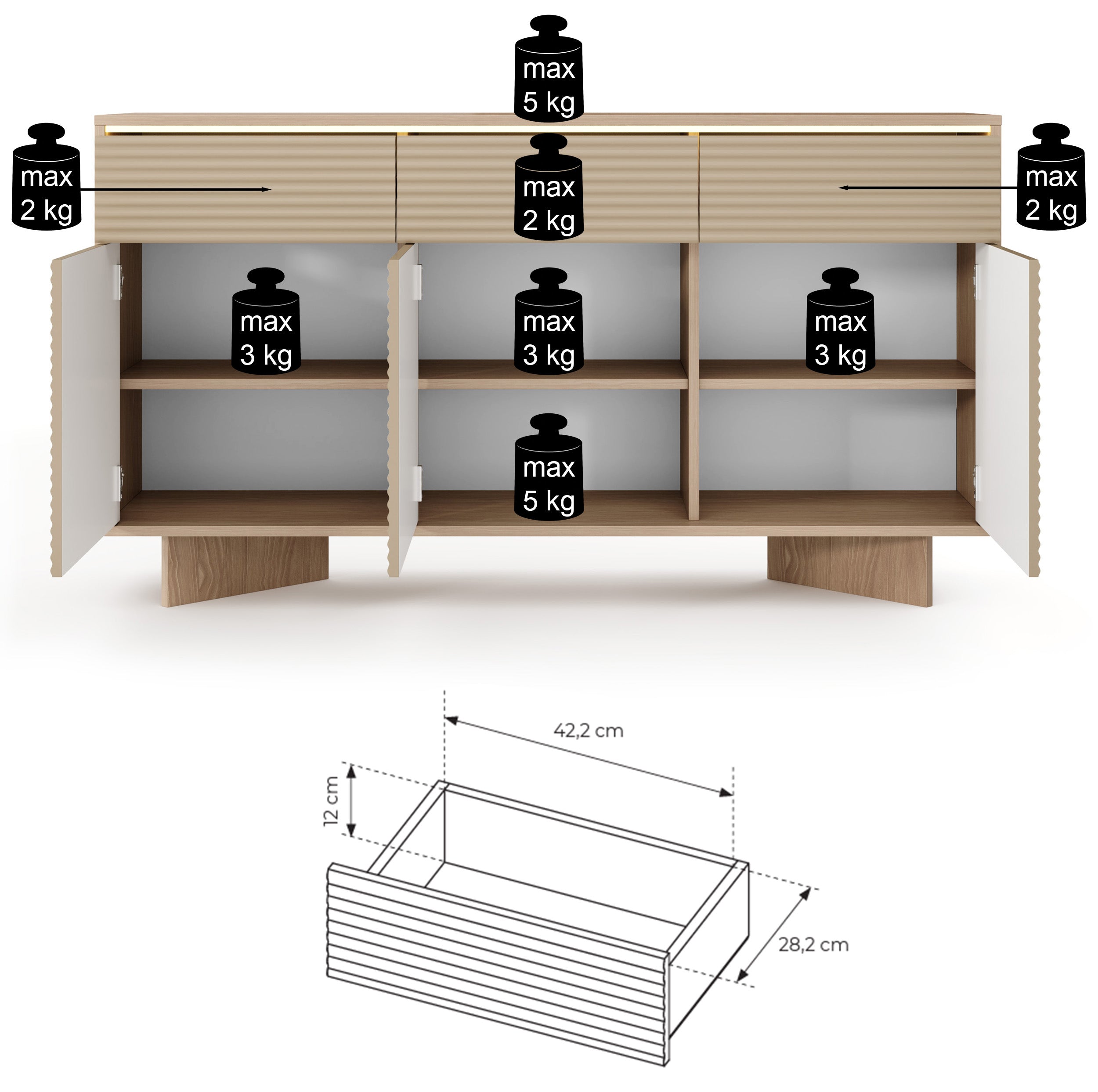 Drehtürenschrank Semi mit drei Schubladen und LED-Beleuchtung, 154 cm, Bolivar Natur/Cappuccino