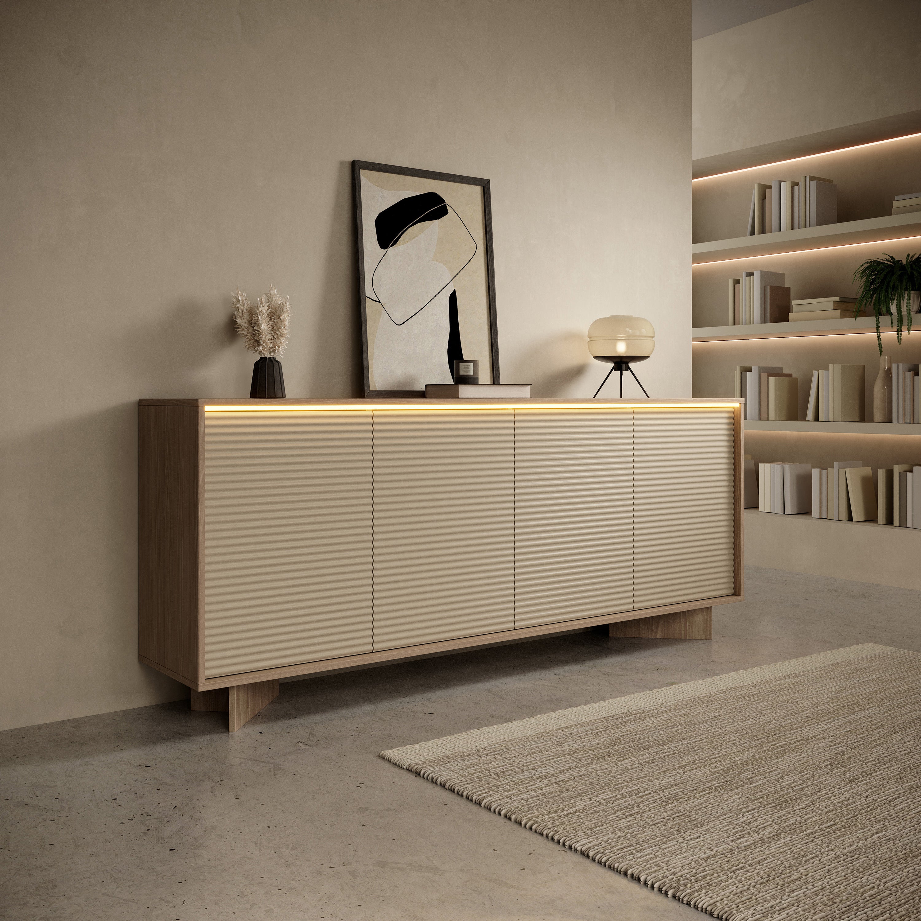 Vier­türige Kommode Semi mit LED-Beleuchtung 204 cm Bolivar Natur/Cappuccino