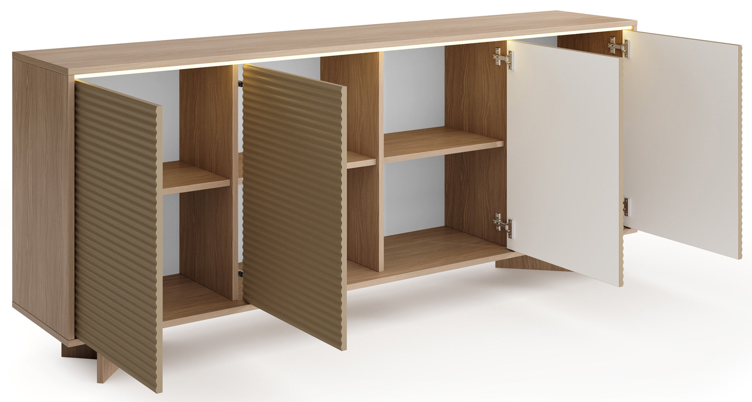 Vier­türige Kommode Semi mit LED-Beleuchtung 204 cm Bolivar Natur/Cappuccino