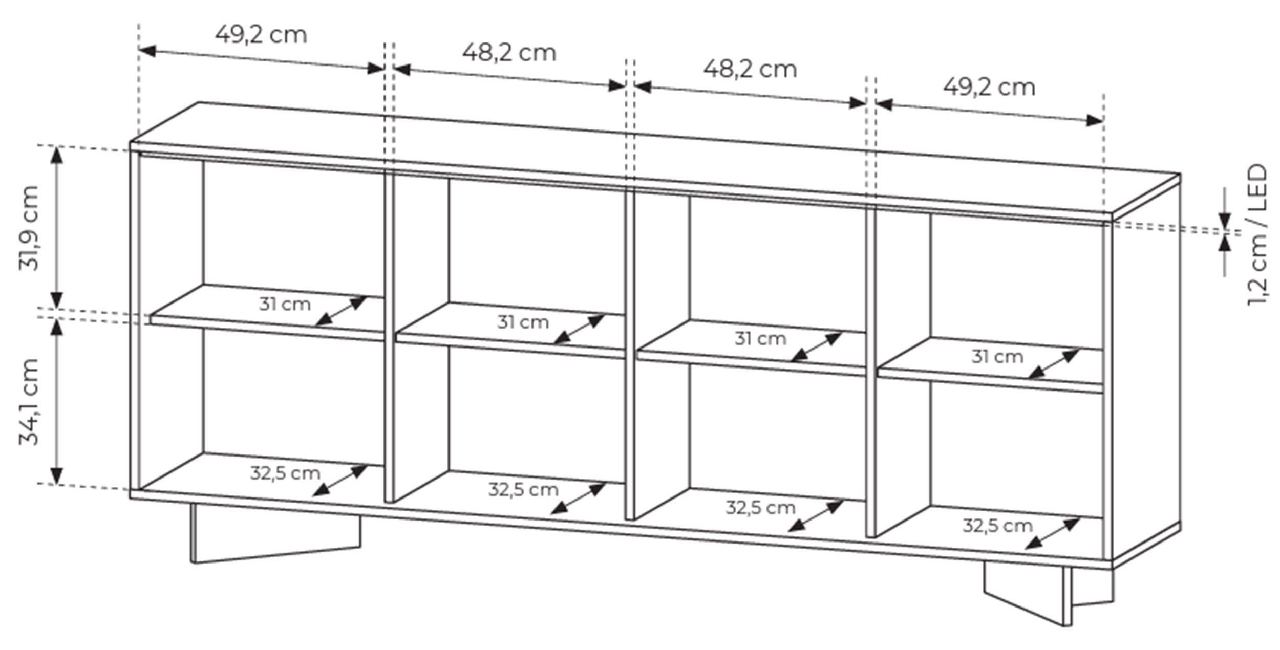 Vier­türige Kommode Semi mit LED-Beleuchtung 204 cm Bolivar Natur/Cappuccino