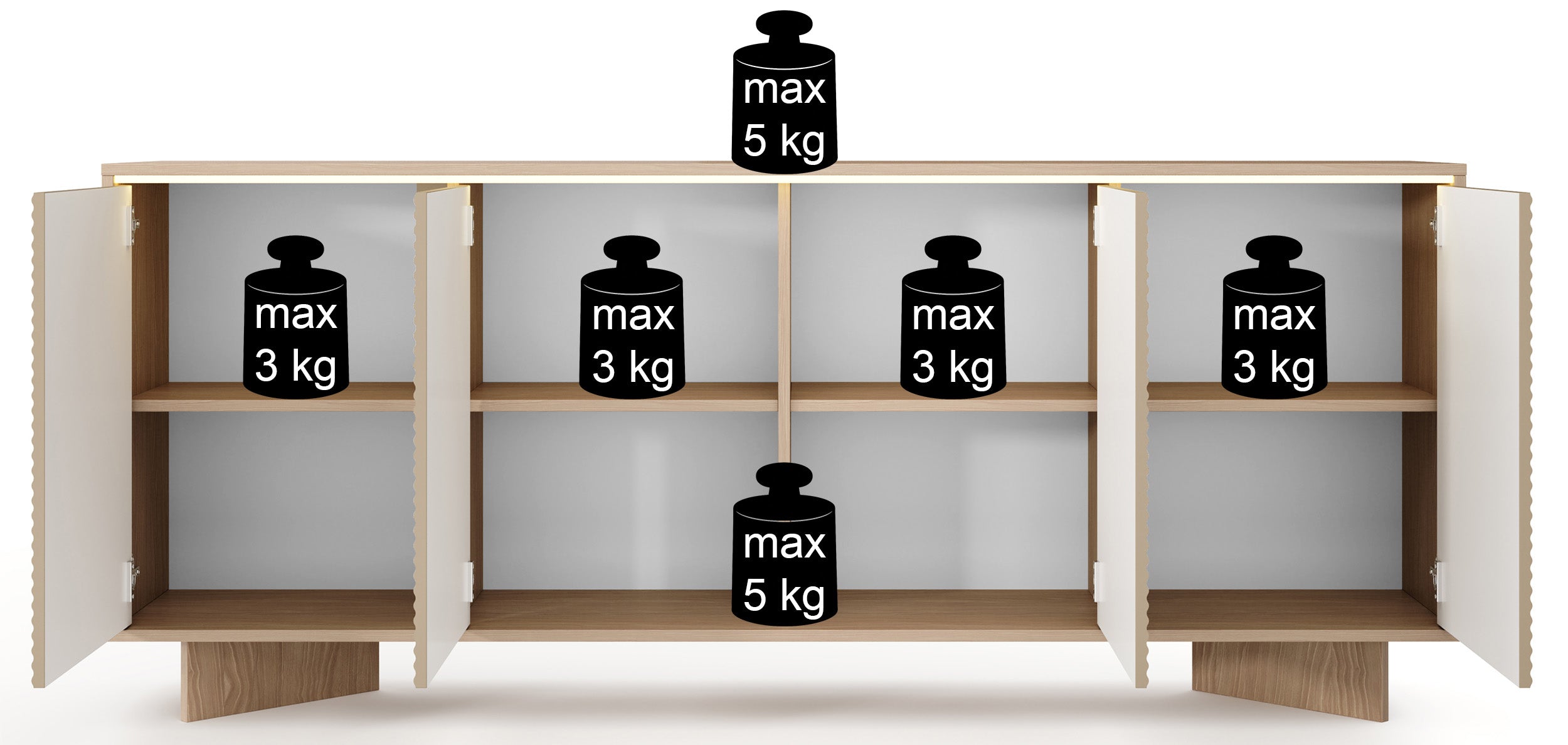 Vier­türige Kommode Semi mit LED-Beleuchtung 204 cm Bolivar Natur/Cappuccino