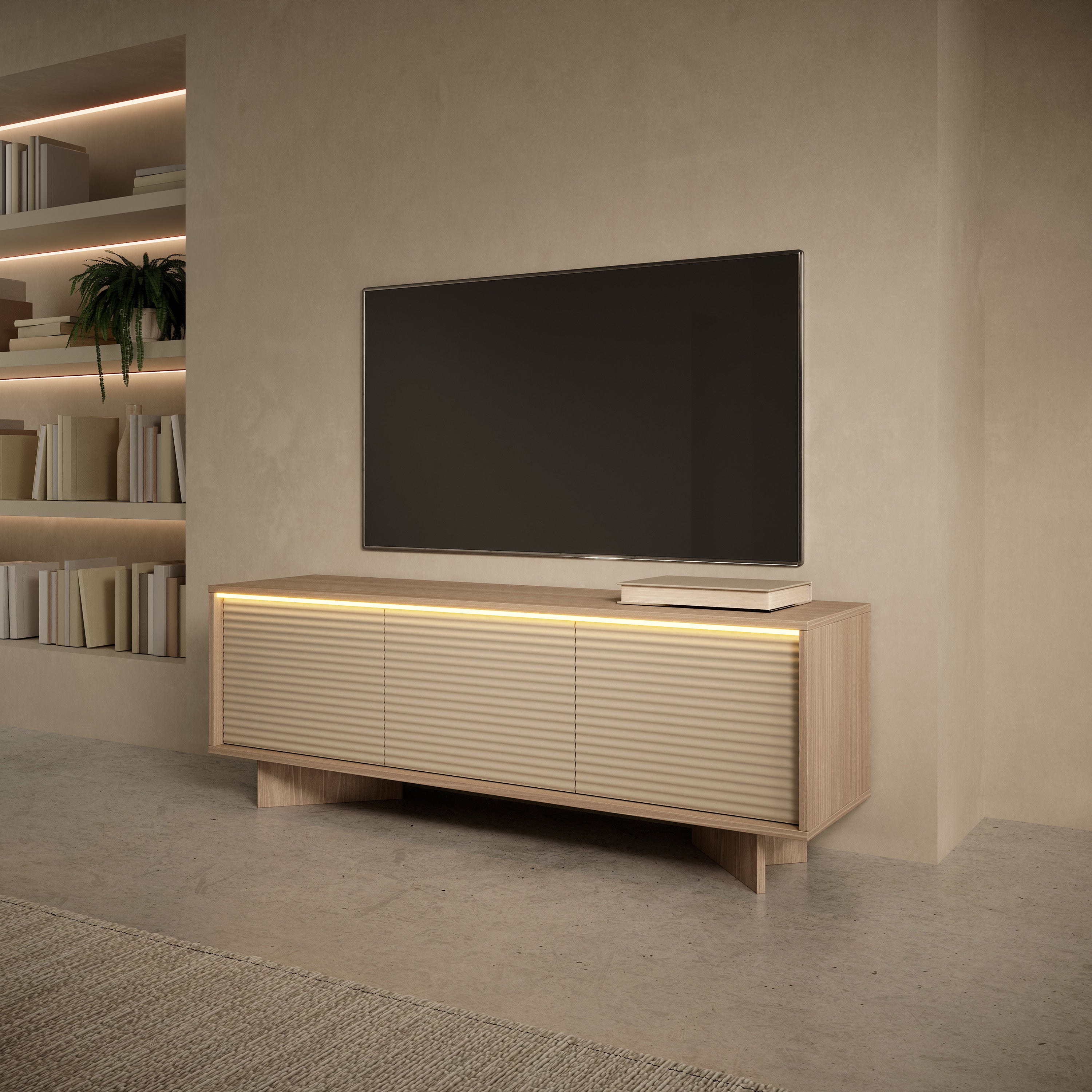 TV-Schrank Semi mit drei Türen und LED-Beleuchtung, 154 cm, Bolivar Natur/Cappuccino